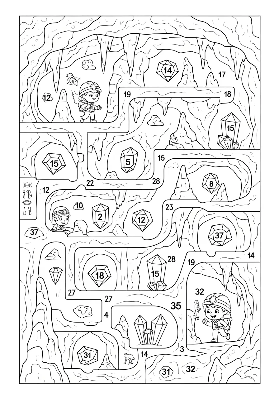 Mystical Number Crystal Cave Coloring Page -- prompt: "black lines only Fun coloring book style cave adventure with bold black outlines, numbered crystal gems 1-37 scattered throughout chambers, geometric faceted patterns covering surfaces, ancient numerical hieroglyphs decorating stone walls, cheerful cartoon-like design perfect for children's creativity flat black lines, premium coloring page, coloring sheet, line drawing, Coloring Book, NO COLOR, NO SHADING, WHITE BACKGROUND. NO GRAY, BLACK AND WHITE, NO COLOR" -- Journey deep into a mystical crystal cave where glowing gems are numbered 1 through 37, creating an otherworldly adult coloring experience. Each crystal formation displays intricate faceted patterns with numbers etched in ancient script. The cave walls shimmer with numerical sequences that seem to hold magical properties.