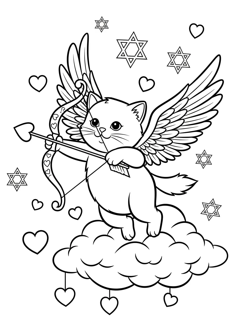 Cupid Cat with Wings Coloring Page -- prompt: "black lines only Adorable fluffy kitten with feathered cupid wings spread wide, gripping miniature bow and arrow, positioned center stage among floating hearts and twinkling stars, bold black outlines, simple clean shapes, perfect for coloring book pages flat black lines, premium coloring page, coloring sheet, line drawing, Coloring Book, NO COLOR, NO SHADING, WHITE BACKGROUND. NO GRAY, BLACK AND WHITE, NO COLOR" -- An adorable kitten sports tiny cupid wings and holds a miniature bow and arrow in this playful Valentine's design. The cat's fluffy fur and sweet expression make this page especially appealing to pet lovers and children. Small hearts and stars surround the cupid cat, adding magical sparkle to the scene.
