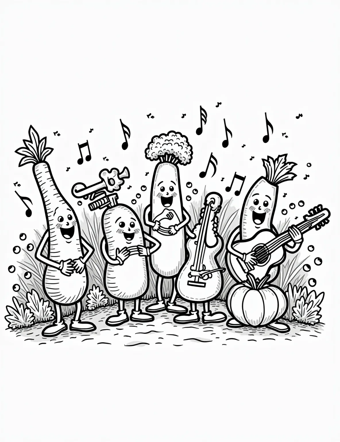 Vegetable Orchestra Coloring Page -- prompt: "black lines only Vibrant vegetable orchestra: Carrot trumpet, broccoli drums, eggplant guitar, tomato maracas, celery flute. Bold outlines, simple shapes, thick lines. Cheerful expressions, musical notes floating. Playful garden backdrop. Perfect for coloring, encouraging creativity and healthy eating. Fun coloring book style coloring page. flat black lines, premium coloring page, coloring sheet, line drawing, Coloring Book, NO COLOR, NO SHADING, WHITE BACKGROUND. NO GRAY, BLACK AND WHITE, NO COLOR" -- Tune into healthy eating with our Vegetable Orchestra coloring page! Anthropomorphized vegetables play various musical instruments, creating a whimsical and educational scene. This page offers a fun way to introduce kids to both vegetables and musical instruments.