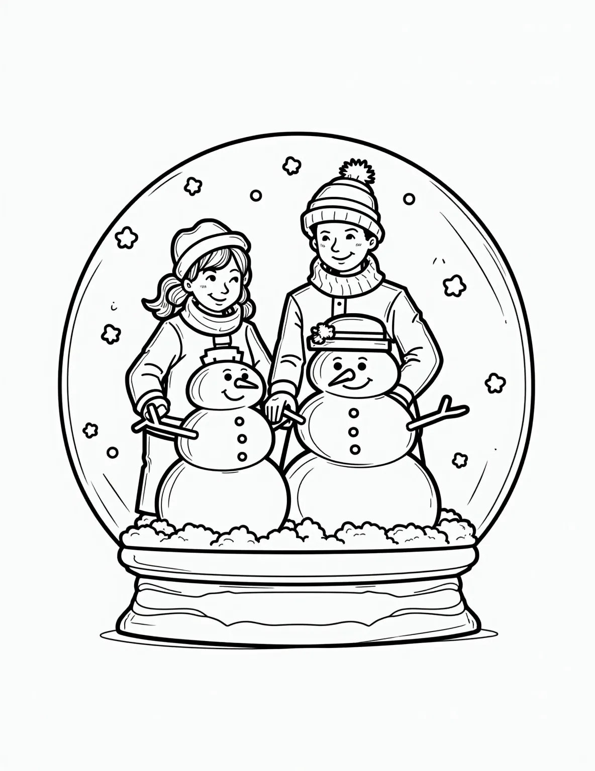 Snowman Building Contest Snow Globe -- prompt: "black lines only Cheerful line-art scene: snow globe encapsulates whimsical snowman-building contest. Families, children, adults sculpt diverse snowmen—top-hatted gentleman, carrot-nosed lady, scarf-wrapped kid. Bold outlines, simple shapes perfect for coloring. Swirling snowflakes frame globe's circular border. Fun winter activity flat black lines, premium coloring page, coloring sheet, line drawing, Coloring Book, NO COLOR, NO SHADING, WHITE BACKGROUND. NO GRAY, BLACK AND WHITE, NO COLOR" -- Join the fun of a snowman building contest in this playful snow globe scene. Children and adults alike work on creating unique and whimsical snowmen, from traditional carrot-nosed fellows to more elaborate snow sculptures. This page celebrates winter creativity and outdoor enjoyment.