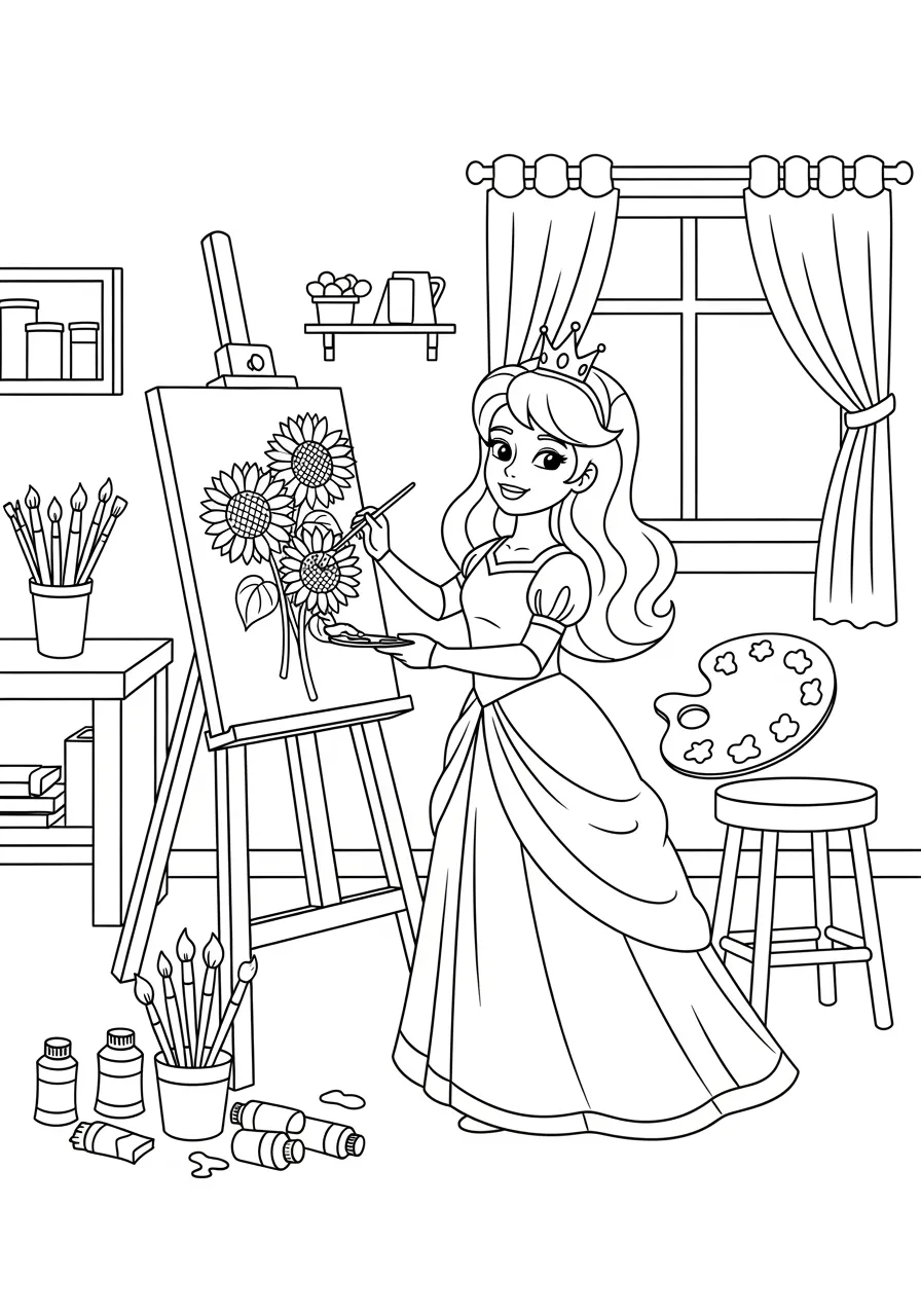 Princess Painting Portrait Coloring Page -- prompt: "black lines only Happy princess with flowing gown and tiara painting flowers on large easel, surrounded by scattered paintbrushes, paint tubes, and palette in cozy art studio, thick black outlines, simple shapes perfect for coloring flat black lines, premium coloring page, coloring sheet, line drawing, Coloring Book, NO COLOR, NO SHADING, WHITE BACKGROUND. NO GRAY, BLACK AND WHITE, NO COLOR" -- This artistic coloring page features a creative princess working on a beautiful painting in her art studio. Easels, paintbrushes, and colorful paint palettes surround her workspace. Natural light streams through tall windows, illuminating her masterpiece in progress.