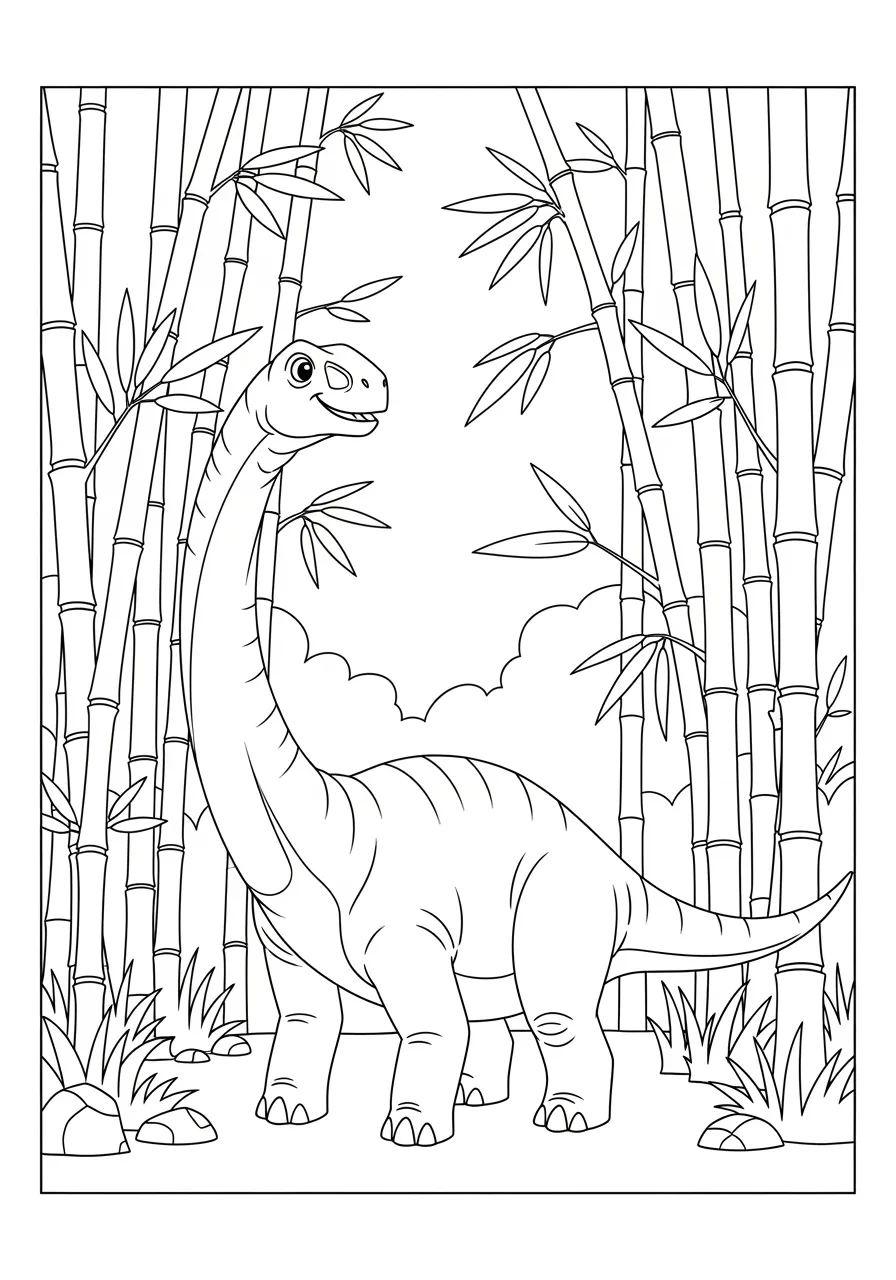 Long-Necked Mamenchisaurus in Bamboo Forest Coloring Page -- prompt: "black lines only Friendly Mamenchisaurus dinosaur with gracefully curved extra-long neck reaching tall bamboo stalks, surrounded by thick prehistoric bamboo forest grove, bold black outlines, simple clean shapes, cheerful expression, perfect for children's coloring book page flat black lines, premium coloring page, coloring sheet, line drawing, Coloring Book, NO COLOR, NO SHADING, WHITE BACKGROUND. NO GRAY, BLACK AND WHITE, NO COLOR" -- Marvel at the incredibly extended neck of this Mamenchisaurus as it towers above a dense prehistoric bamboo forest. This gentle giant's neck makes up nearly half of its total body length, allowing it to reach vegetation that no other dinosaur could access. The lush forest setting and the dinosaur's peaceful demeanor create a serene and educational coloring experience.