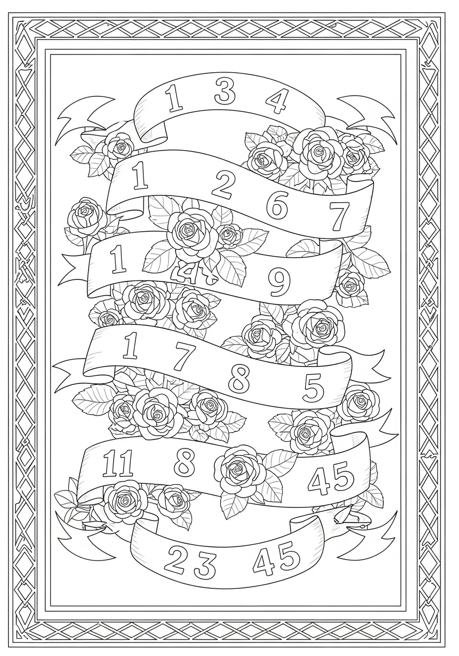 Intricate Number Tapestry Coloring Page -- prompt: "black lines only Fun coloring book page featuring ornate tapestry with bold black outlines, numbers 1-45 scattered throughout decorative Celtic knots, flowing ribbons, blooming flowers, and geometric borders, creating playful educational artwork perfect for crayons and markers flat black lines, premium coloring page, coloring sheet, line drawing, Coloring Book, NO COLOR, NO SHADING, WHITE BACKGROUND. NO GRAY, BLACK AND WHITE, NO COLOR" -- This sophisticated adult coloring page features an elaborate tapestry design where numbers 1 to 45 are woven into ornate patterns and decorative motifs. The intricate threadwork creates a complex visual feast that challenges colorists while celebrating the artistry of numerical design. Each thread and pattern tells a story of craftsmanship and mathematical beauty.