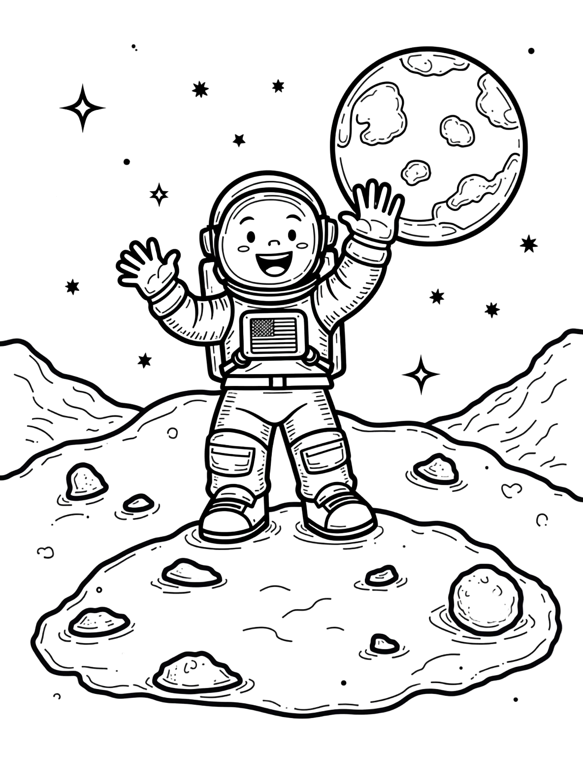 A friendly astronaut waving from the moon