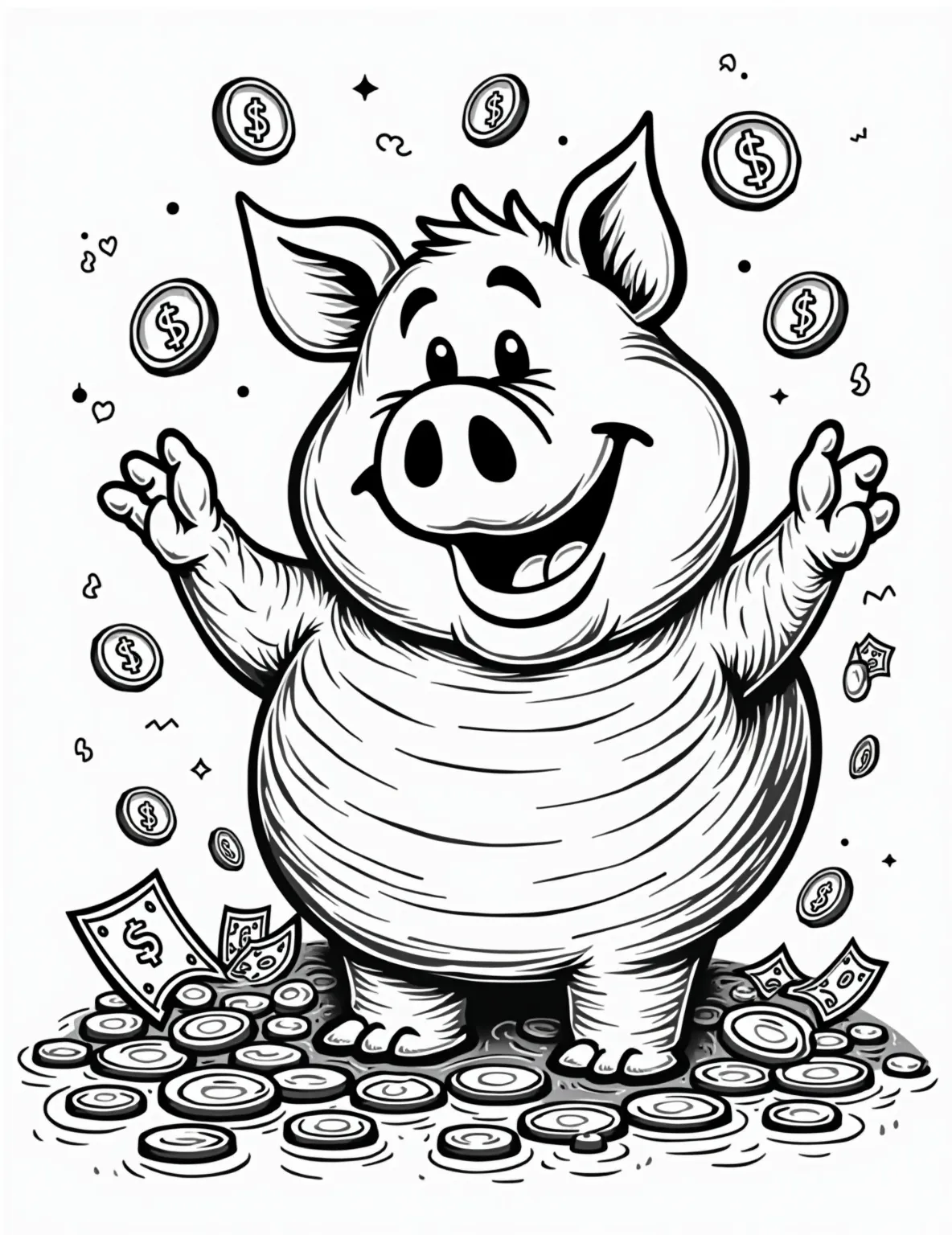 Hamm's Piggy Bank Bonanza Coloring Page -- prompt: "black lines only Hamm, the jovial piggy bank, beams with pride amidst a sea of coins and bills. His rotund form, outlined in bold black strokes, invites coloring. Swirling patterns adorn his body, while dollar signs and coin shapes dance around him, creating a playful, prosperity-themed coloring page. flat black lines, premium coloring page, coloring sheet, line drawing, Coloring Book, NO COLOR, NO SHADING, WHITE BACKGROUND. NO GRAY, BLACK AND WHITE, NO COLOR" -- Join Hamm in a coin-counting adventure that's perfect for young learners and Toy Story fans alike. This educational coloring page showcases our favorite piggy bank surrounded by a variety of coins and dollar bills. Parents and teachers will appreciate the opportunity to discuss money and saving, while kids will enjoy bringing Hamm and his treasures to life with color.