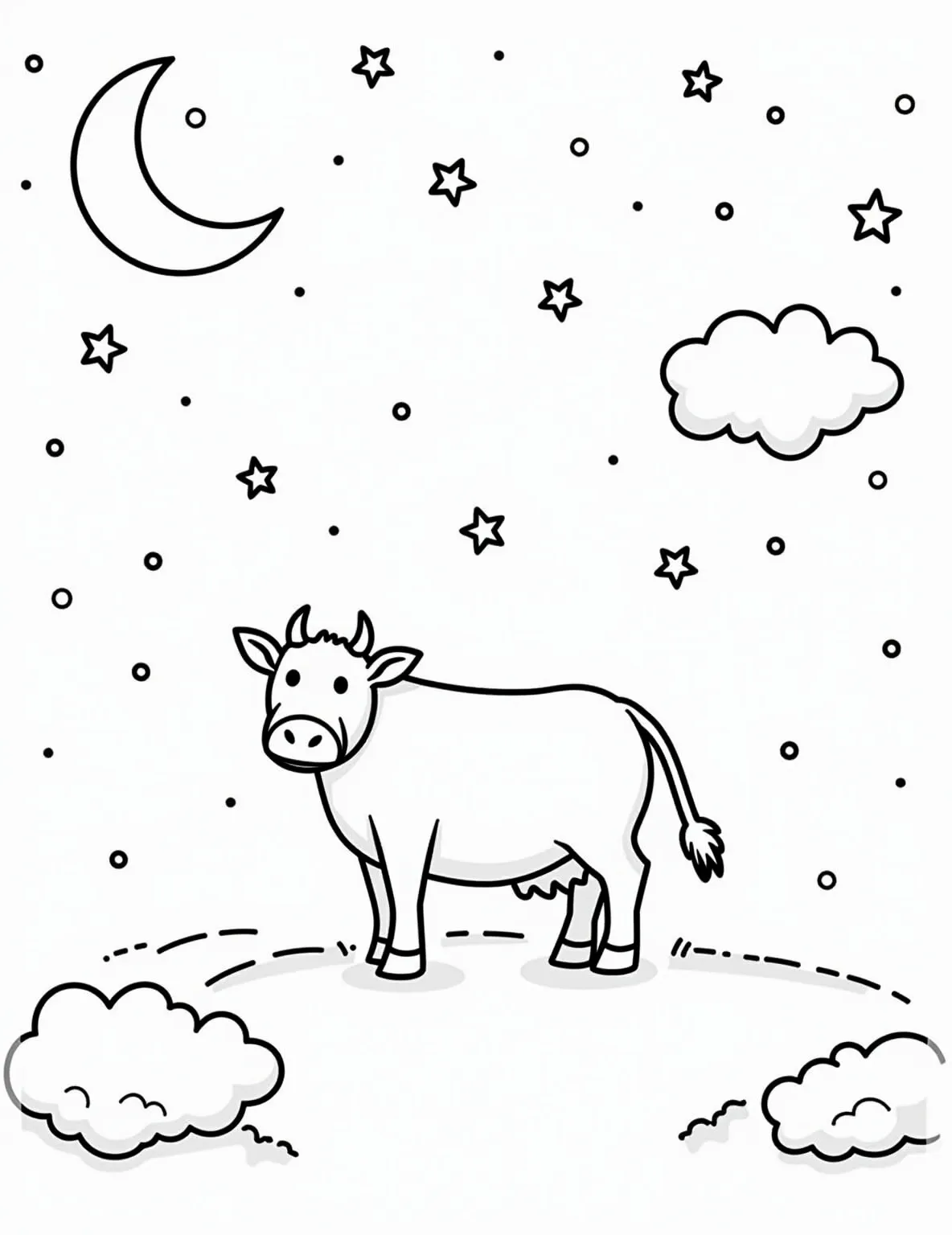 Cow Constellations -- prompt: "black lines only Playful coloring page featuring a starry night sky. Bold outlines of cow-shaped constellations connect twinkling stars. Crescent moon smiles, shooting stars zigzag. Fluffy clouds frame the scene. Empty spaces invite creative coloring. Celestial bovine playground awaits young artists' imagination. Fun, astronomical flat black lines, premium coloring page, coloring sheet, line drawing, Coloring Book, NO COLOR, NO SHADING, WHITE BACKGROUND. NO GRAY, BLACK AND WHITE, NO COLOR" -- This celestial coloring page features constellations in the shape of cows and cow-related items. Stars connect to form outlines of cows, milk bottles, and cowbells against a night sky backdrop. It's an imaginative blend of astronomy and farm life.