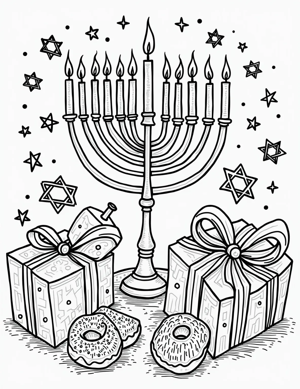 Hanukkah Gifts by the Menorah -- prompt: "black lines only Playful menorah outline with bold, thick lines. Eight candles flicker joyfully. Dreidels and Stars of David dance around. Gift boxes wrapped in patterns await coloring. Sufganiyot donuts tempt with sprinkles. Hanukkah symbols intertwine in a festive, interconnected design. Empty spaces beckon creative flat black lines, premium coloring page, coloring sheet, line drawing, Coloring Book, NO COLOR, NO SHADING, WHITE BACKGROUND. NO GRAY, BLACK AND WHITE, NO COLOR" -- This coloring page depicts a beautifully lit menorah with Hanukkah gifts arranged around it. The presents are wrapped in papers featuring Stars of David and dreidel patterns. A plate of sufganiyot (jelly doughnuts) sits nearby, completing the festive Hanukkah scene.