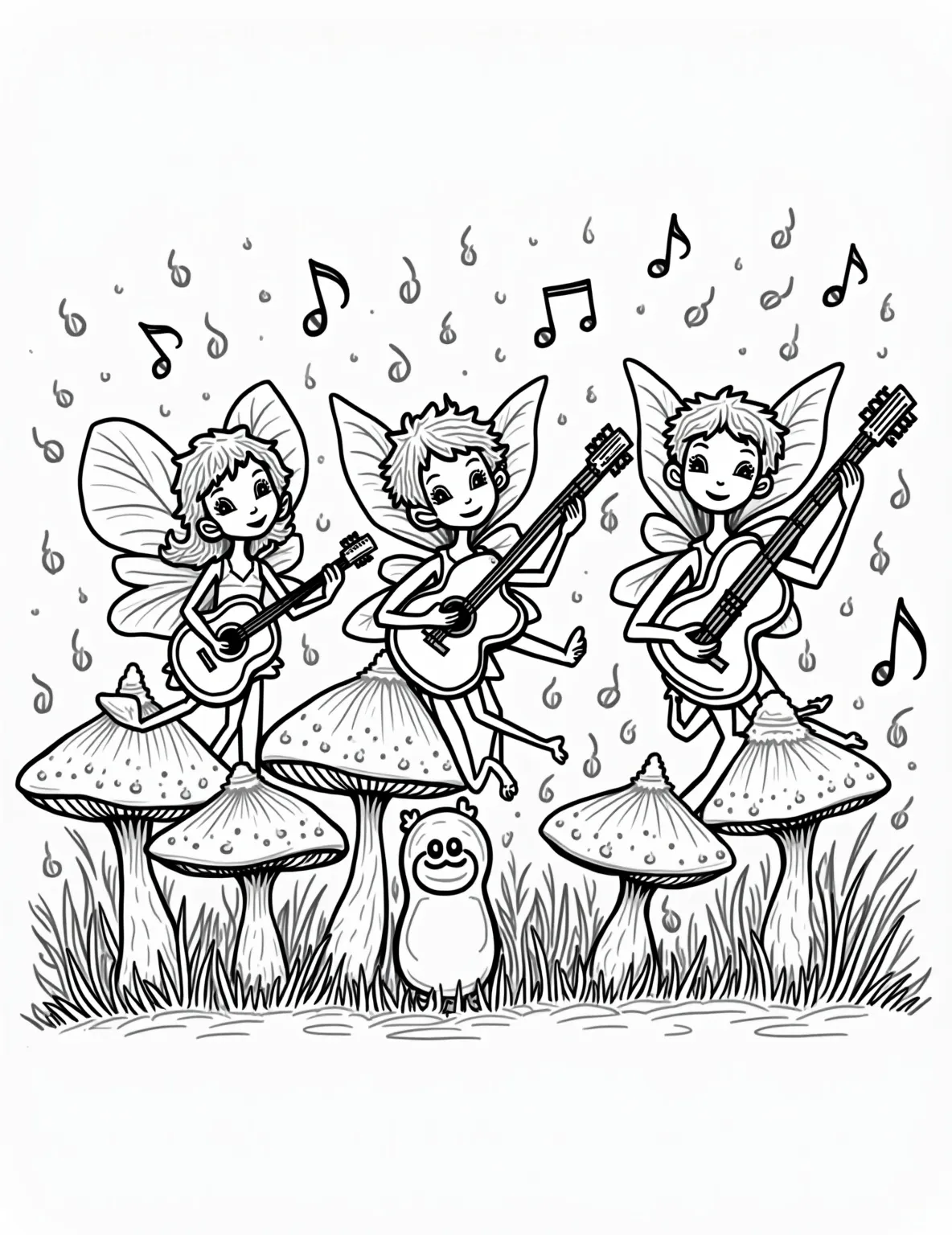 Fairy Music Festival Coloring Page -- prompt: "black lines only Enchanting coloring page featuring mischievous fairies playing music. Leaf-shaped guitars, acorn drums, and flower-stem flutes create a woodland symphony. Simple, bold outlines perfect for coloring. Swirling patterns of musical notes dance through the air. Mushroom seats and flat black lines, premium coloring page, coloring sheet, line drawing, Coloring Book, NO COLOR, NO SHADING, WHITE BACKGROUND. NO GRAY, BLACK AND WHITE, NO COLOR" -- Feel the rhythm with this lively fairy music festival coloring page. Fairies play various instruments made from natural objects, creating a symphony of magical sounds. This page is filled with joyous energy and delightful details.