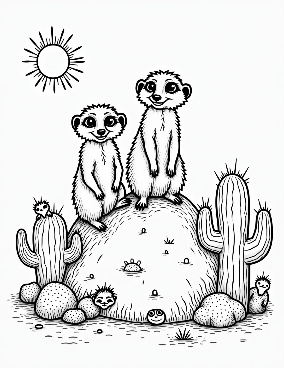 Curious Meerkats on Guard Duty Coloring Page -- prompt: "black lines only Playful meerkats stand tall on a sandy mound, their cartoon outlines bold and inviting. Chunky cacti and rounded rock formations dot the desert landscape. Simple, clean lines create an engaging coloring page scene, perfect for creative exploration and fun embellishment. flat black lines, premium coloring page, coloring sheet, line drawing, Coloring Book, NO COLOR, NO SHADING, WHITE BACKGROUND. NO GRAY, BLACK AND WHITE, NO COLOR" -- Stand tall with these endearing meerkats coloring page. The alert meerkats standing on their hind legs capture the vigilant nature of these social desert dwellers. Great for those who enjoy unique animals and sentinel-themed coloring pages.