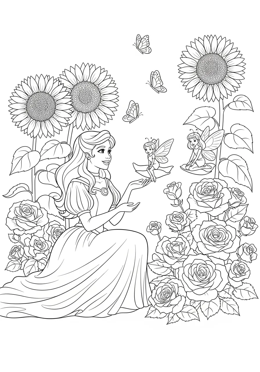 Princess Gardening with Fairy Friends Coloring Page -- prompt: "black lines only A cheerful princess with flowing gown kneels among oversized sunflowers and roses, chatting with tiny winged fairies perched on petals. Bold black outlines define smiling butterflies dancing overhead in this enchanting coloring book illustration. flat black lines, premium coloring page, coloring sheet, line drawing, Coloring Book, NO COLOR, NO SHADING, WHITE BACKGROUND. NO GRAY, BLACK AND WHITE, NO COLOR" -- Watch this nature-loving princess tend to her magical garden with the help of tiny fairy companions. The scene includes various flowers, vegetables, and herbs, along with gardening tools and watering cans. Butterflies and bees add life to this charming outdoor activity.