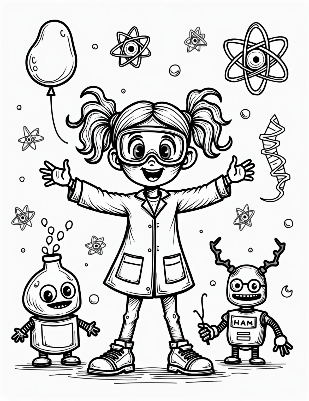 Scientist Girl's Laboratory Adventure -- prompt: "black lines only Cheerful girl scientist with pigtails, oversized lab coat, and comically large goggles. Surrounded by bubbling beakers, swirling DNA strands, and quirky robots. Thick outlines perfect for coloring. Playful elements like atom-shaped balloons and molecular structure jungle gym. Fun, educational scene flat black lines, premium coloring page, coloring sheet, line drawing, Coloring Book, NO COLOR, NO SHADING, WHITE BACKGROUND. NO GRAY, BLACK AND WHITE, NO COLOR" -- Inspire future STEM enthusiasts with this scientist girl coloring page. Our young researcher is shown conducting an experiment, wearing safety goggles and a lab coat. The background is filled with fun scientific equipment and bubbling beakers.