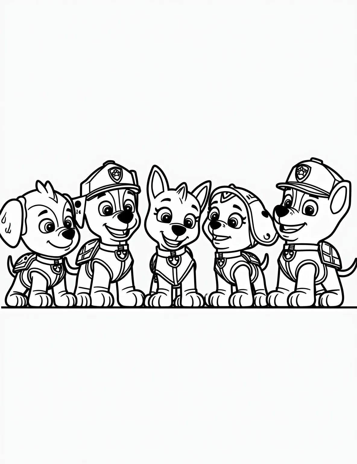 Paw Patrol Team Group Portrait -- prompt: "black lines only Paw Patrol team line-up in bold, thick outlines. Ryder and pups showcase gear and vehicles. Lookout tower backdrop with simple shapes. Each character distinctly posed, ready for coloring. Playful expressions and wagging tails. Empty spaces for creative filling. Fun, engaging scene for young artists. flat black lines, premium coloring page, coloring sheet, line drawing, Coloring Book, NO COLOR, NO SHADING, WHITE BACKGROUND. NO GRAY, BLACK AND WHITE, NO COLOR" -- This vibrant coloring page features all the main Paw Patrol characters in one exciting scene. Ryder stands proudly in the center, surrounded by Chase, Marshall, Skye, Rocky, Rubble, and Zuma. Each pup is showcasing their unique gear and vehicles, creating a dynamic and engaging image that captures the essence of teamwork and adventure.