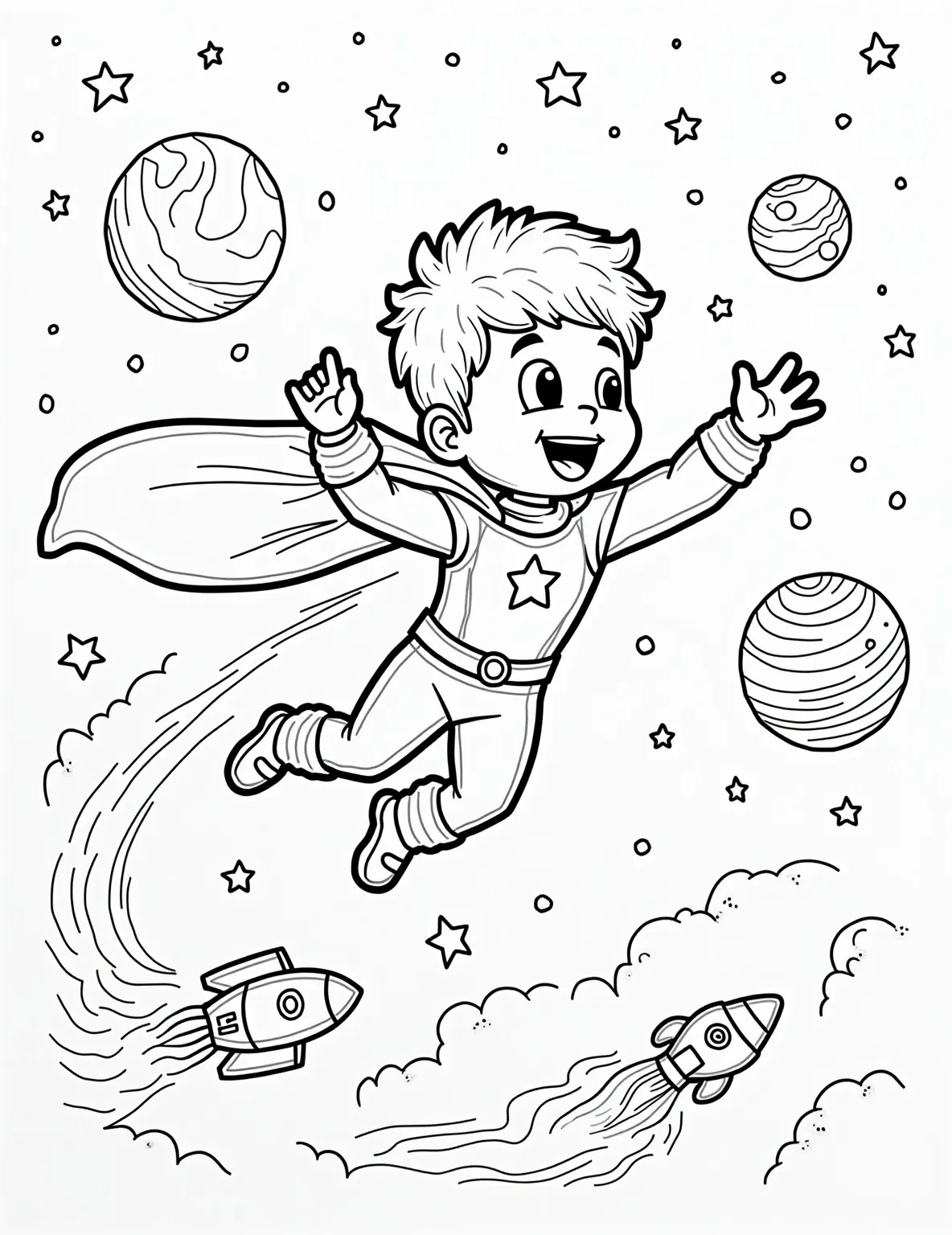 Superhero Space Explorer Coloring Page -- prompt: "black lines only Bold outlines frame a young superhero boy, spacesuit adorned with playful patterns. He floats amidst chunky, cartoon planets and twinkling stars. Simplified cosmic elements surround him, perfect for coloring. His cape billows dramatically, inviting imagination. Cheerful expressions and whimsical details create an exciting flat black lines, premium coloring page, coloring sheet, line drawing, Coloring Book, NO COLOR, NO SHADING, WHITE BACKGROUND. NO GRAY, BLACK AND WHITE, NO COLOR" -- Blast off into an intergalactic adventure with this exciting superhero space explorer coloring page! It features a young hero in a sleek spacesuit, floating among stars and planets. This page is perfect for boys who dream of combining their love for superheroes with the wonders of outer space.