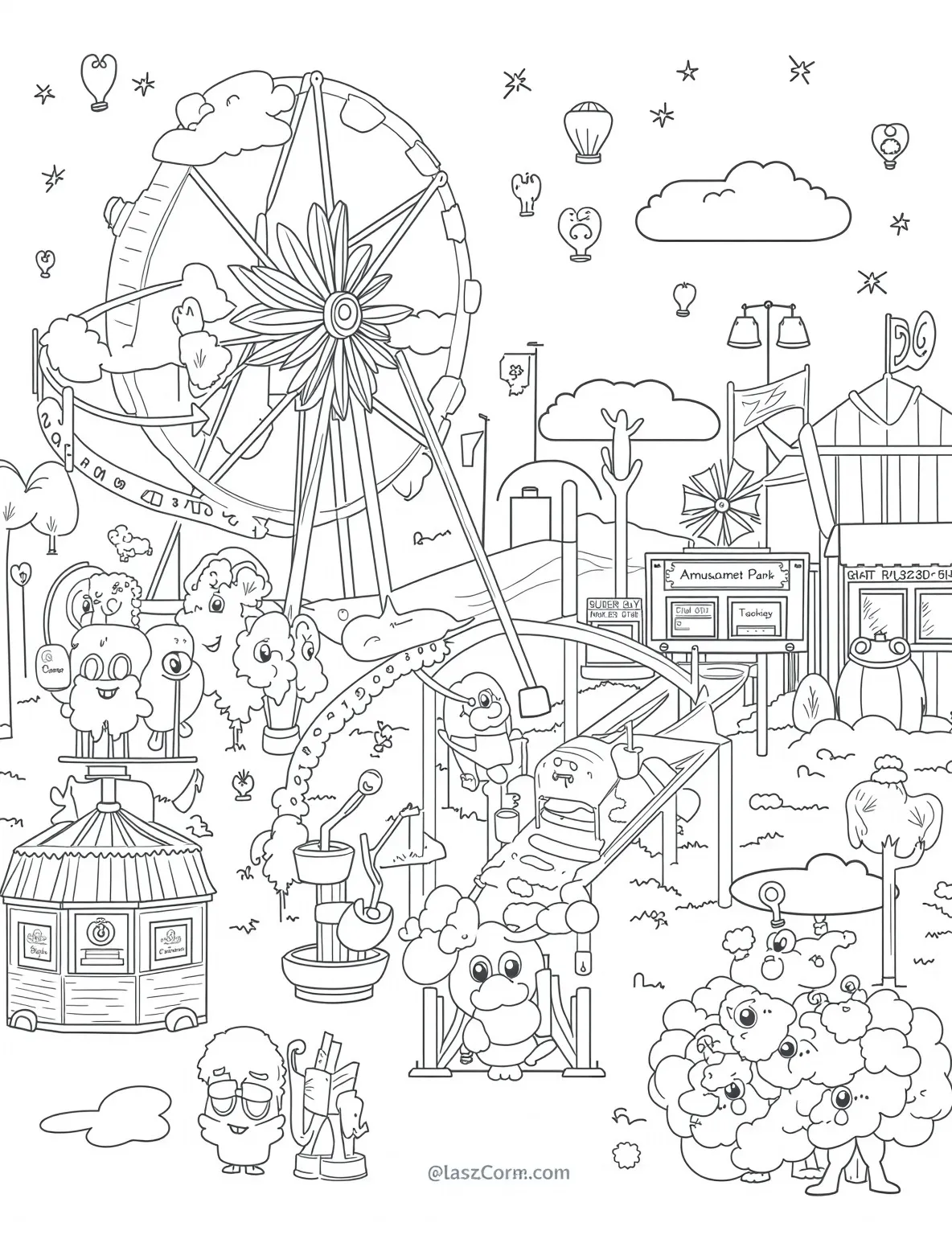 Number Amusement Park Coloring Page -- prompt: "black lines only Vibrant amusement park coloring page: numbered attractions 1-40. Bold outlines of towering Ferris wheel, twisting roller coasters, game booths with prizes. Cheerful cartoon characters, balloons, and cotton candy stands. Dashed lines for coloring spaces. Playful fonts for ride names. flat black lines, premium coloring page, coloring sheet, line drawing, Coloring Book, NO COLOR, NO SHADING, WHITE BACKGROUND. NO GRAY, BLACK AND WHITE, NO COLOR" -- Step right up to the number carnival! This exciting amusement park features rides and attractions numbered from 1 to 40. From a number Ferris wheel to countdown roller coasters, every attraction offers a thrilling opportunity to practice counting.