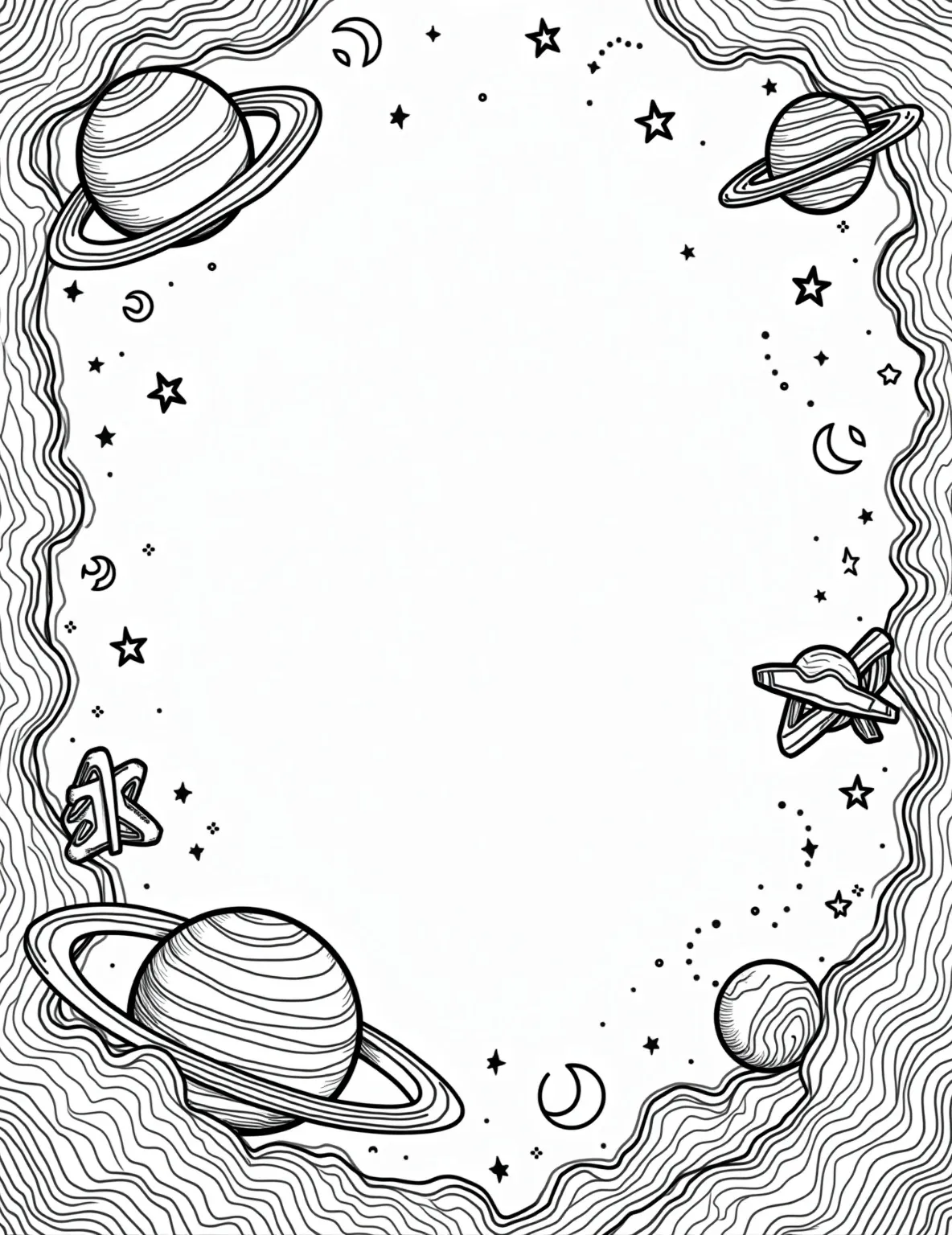 Galactic Nebula Wonder -- prompt: "black lines only Coloring page of cosmic swirls: chunky outlines frame puffy nebula clouds, spiraling gas tendrils, and twinkling star shapes. Playful patterns fill empty spaces. Dotted lines suggest depth. Large planets peek from corners. Cute alien spaceships zoom between celestial bodies. Cosmic wonder awaits colorful imagination. flat black lines, premium coloring page, coloring sheet, line drawing, Coloring Book, NO COLOR, NO SHADING, WHITE BACKGROUND. NO GRAY, BLACK AND WHITE, NO COLOR" -- Dive into the depths of space with this awe-inspiring nebula coloring page. The intricate swirls and patterns of a cosmic gas cloud offer a challenging but rewarding coloring experience. It's perfect for adults or older children who enjoy creating colorful, ethereal masterpieces.