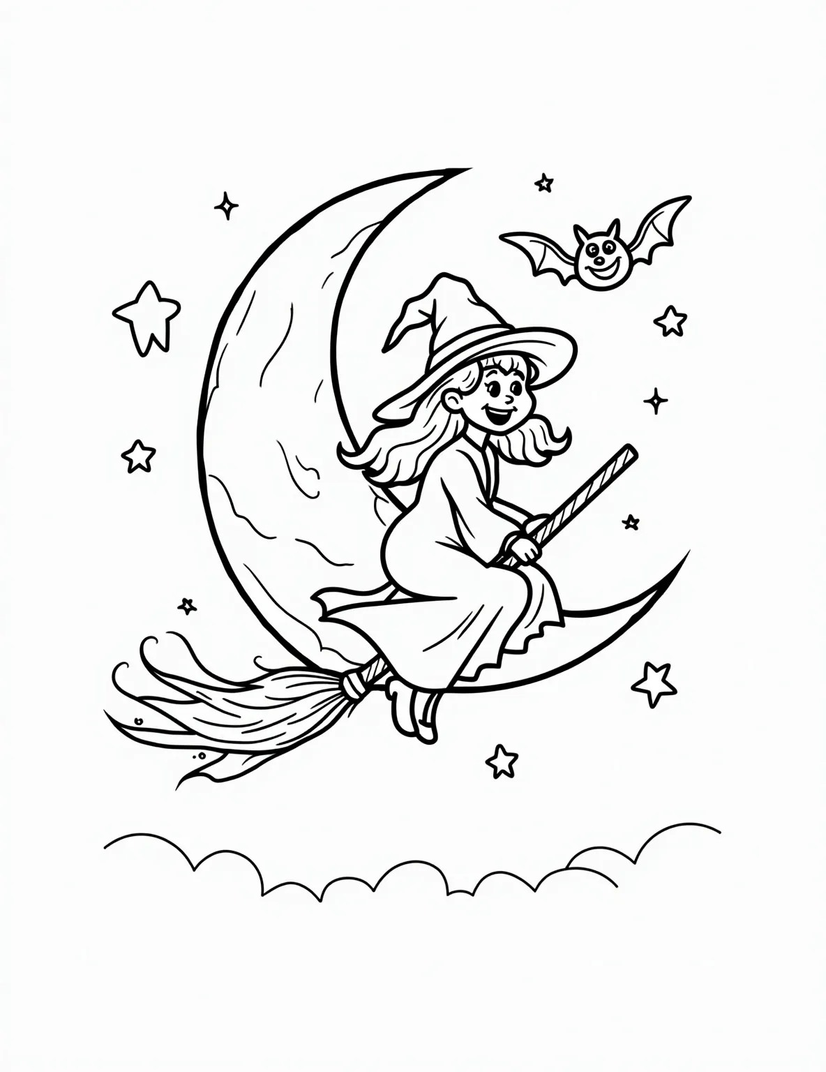 Witch's Midnight Flight -- prompt: "black lines only Playful line-art witch silhouette soars on broomstick across chunky full moon. Grinning bats flutter nearby. Bold stars twinkle in swirling night sky. Thick outlines perfect for coloring. Whimsical Halloween scene with empty spaces awaiting vibrant hues. Enchanting page flat black lines, premium coloring page, coloring sheet, line drawing, Coloring Book, NO COLOR, NO SHADING, WHITE BACKGROUND. NO GRAY, BLACK AND WHITE, NO COLOR" -- Soar through the night sky with this enchanting coloring page depicting a witch on her broomstick. The scene showcases the witch silhouetted against a full moon, surrounded by bats and stars, creating a magical atmosphere. This page is suitable for older children and adults who enjoy more detailed and atmospheric Halloween imagery.