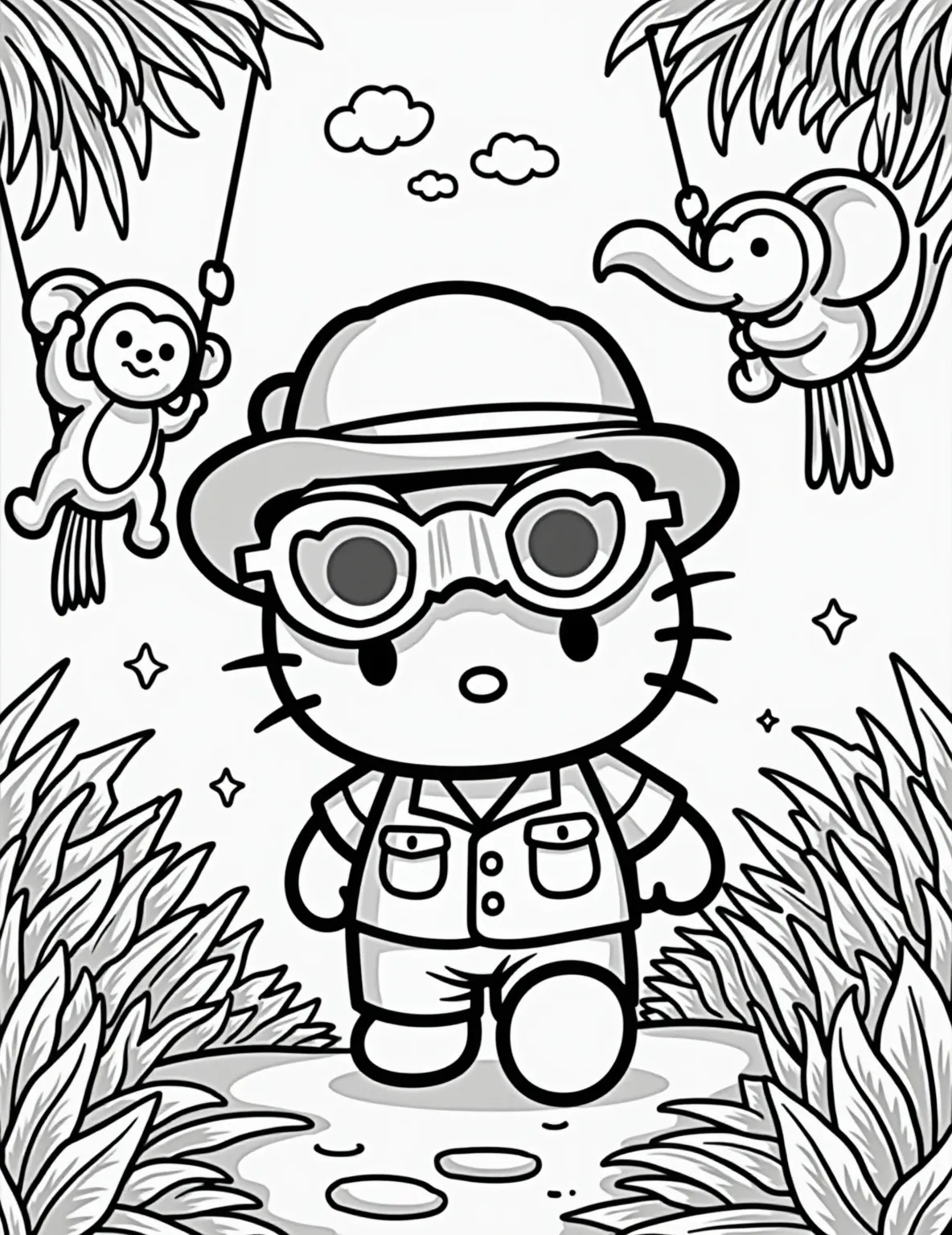 Hello Kitty's Jungle Safari -- prompt: "black lines only Hello Kitty, adorable safari explorer, dons oversized pith helmet and comically large binoculars. Surrounded by grinning monkeys, colorful parrots, and a friendly elephant in a lush jungle. Bold outlines, simple shapes, and empty spaces await vibrant crayons. A delightful adventure coloring page for all ages. flat black lines, premium coloring page, coloring sheet, line drawing, Coloring Book, NO COLOR, NO SHADING, WHITE BACKGROUND. NO GRAY, BLACK AND WHITE, NO COLOR" -- Join Hello Kitty on a wild jungle safari! This exciting coloring page depicts her as an explorer, complete with a safari hat and binoculars. She's surrounded by lush jungle foliage and friendly animals like monkeys, parrots, and a gentle elephant. It's an adventure-filled scene that's sure to delight!