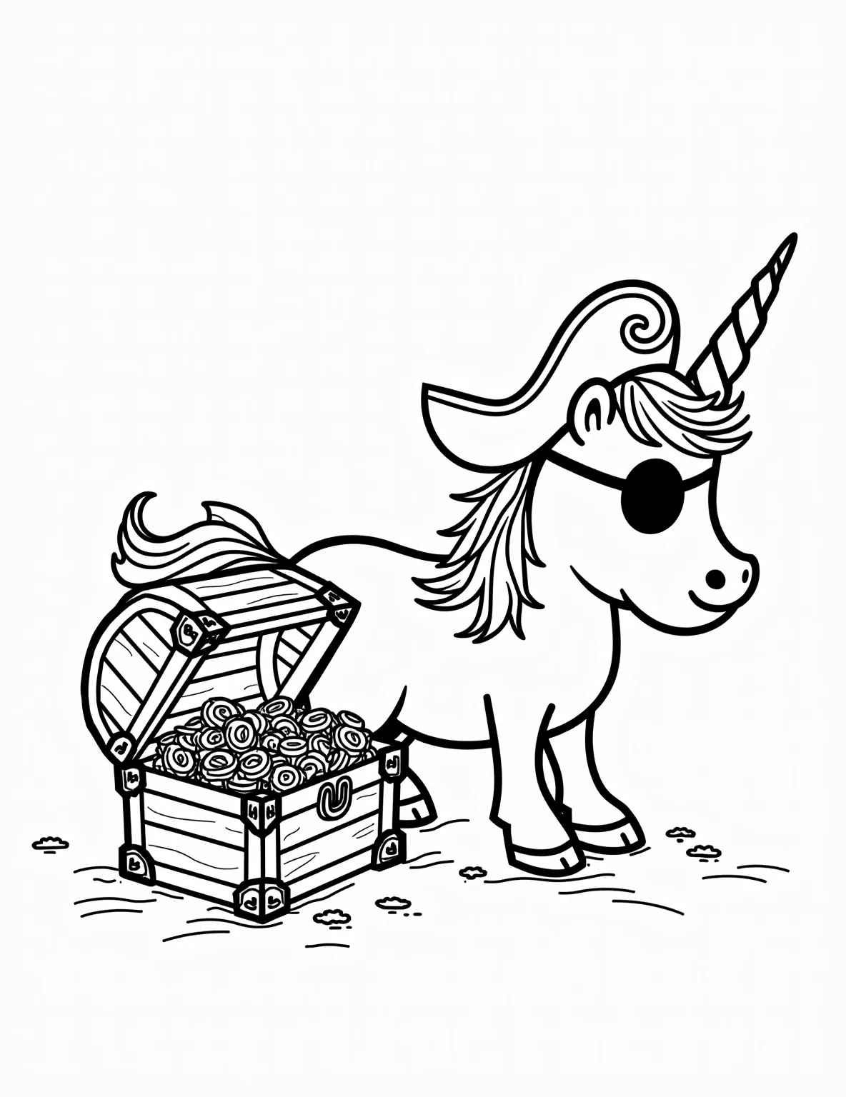 Unicorn's Pirate Treasure Hunt -- prompt: "black lines only Playful unicorn sporting a jaunty pirate hat and roguish eye patch, posed beside an overflowing treasure chest. Bold outlines define each element, with empty spaces awaiting vibrant colors. Swirling mane and tail invite creative patterns. Chunky gold coins and jewels spill from chest. Fun coloring book style page. flat black lines, premium coloring page, coloring sheet, line drawing, Coloring Book, NO COLOR, NO SHADING, WHITE BACKGROUND. NO GRAY, BLACK AND WHITE, NO COLOR" -- This adventurous coloring page depicts a unicorn dressed as a pirate, complete with a simple hat and eye patch. The unicorn is standing next to a treasure chest with basic coin shapes. Toddlers can unleash their imagination coloring this magical pirate scene.