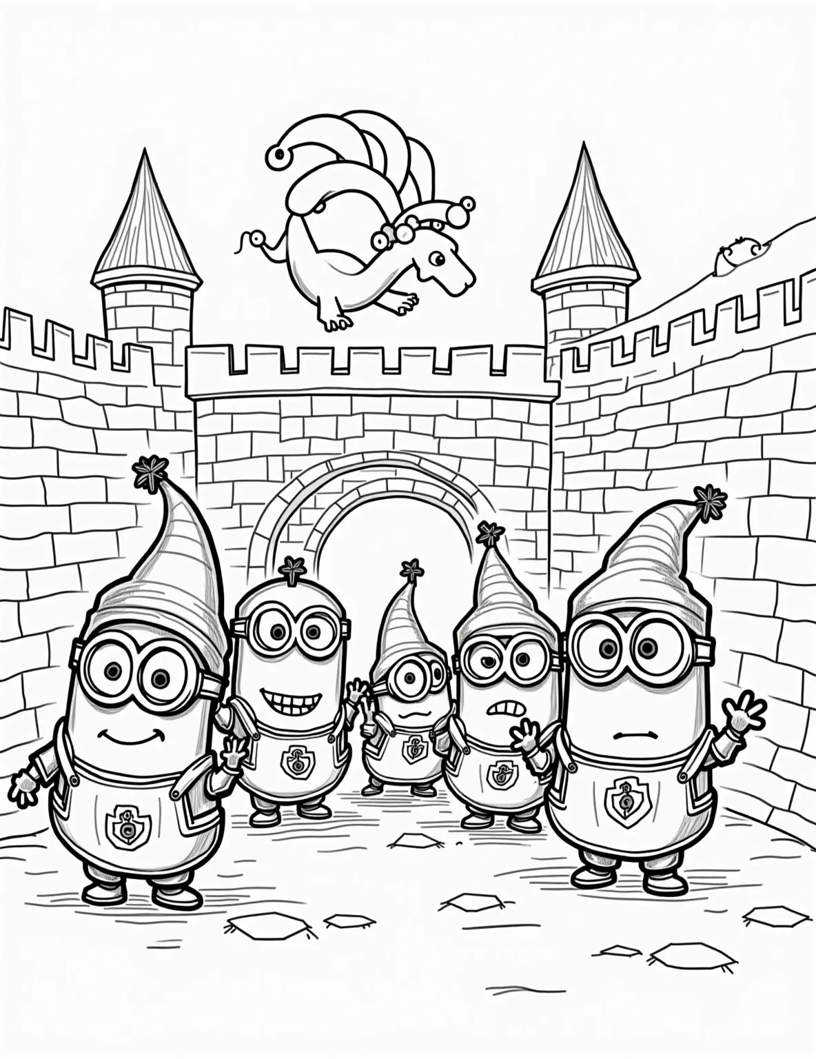 Minion Medieval Castle Shenanigans -- prompt: "black lines only Coloring page featuring mischievous Minions in medieval garb, wreaking havoc in a cartoonish castle. Knights chase jesters, while a whimsical banana-shaped dragon soars overhead. Bold outlines define each character and element, creating a playful, engaging scene for coloring enthusiasts. flat black lines, premium coloring page, coloring sheet, line drawing, Coloring Book, NO COLOR, NO SHADING, WHITE BACKGROUND. NO GRAY, BLACK AND WHITE, NO COLOR" -- Travel back in time with this medieval-themed Minion coloring page. Our yellow friends are causing mischief in a grand castle, dressed as knights, jesters, and even a banana-shaped dragon! This page offers a fun blend of history and humor for both kids and adults.