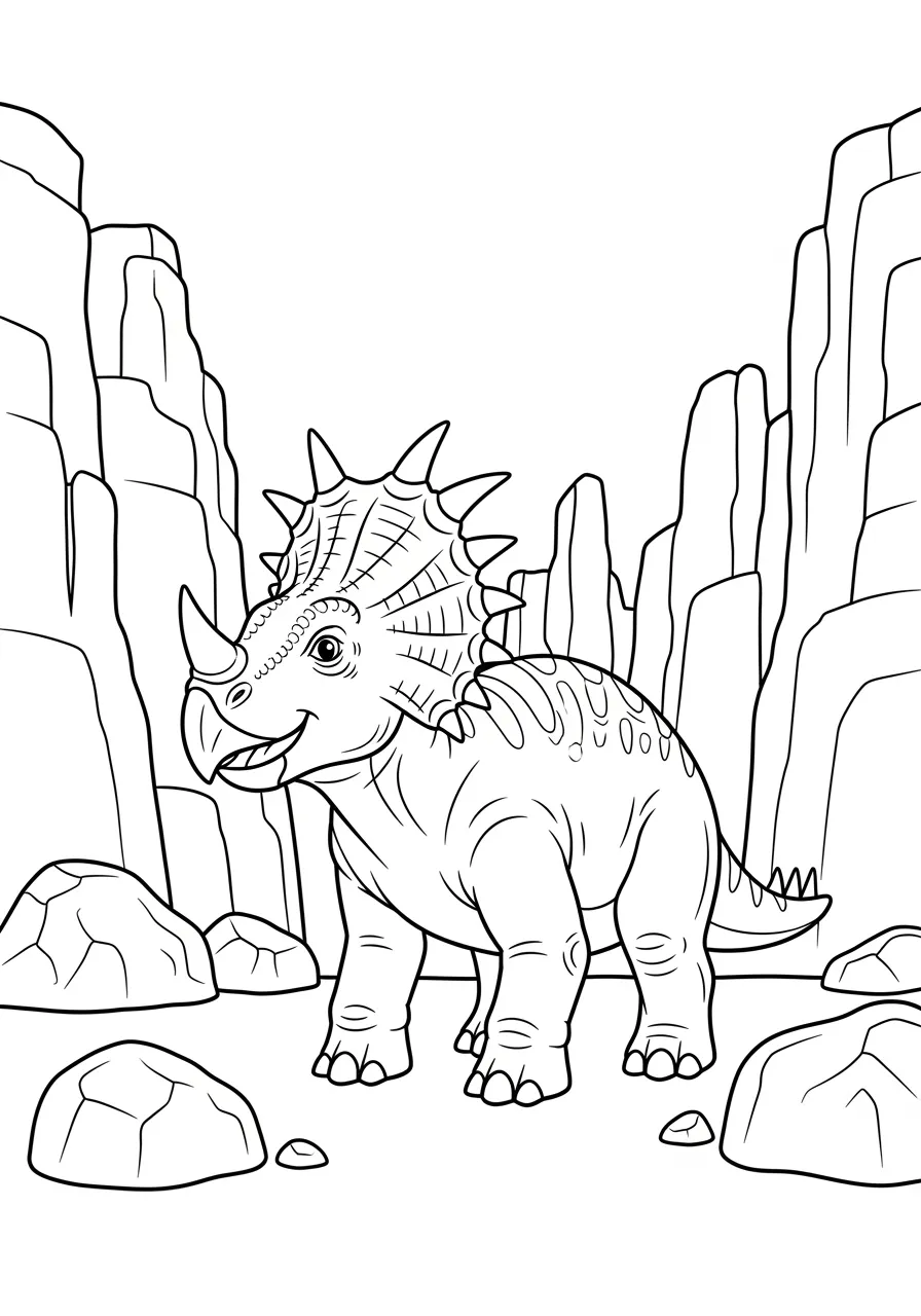 Horned Styracosaurus in Rocky Badlands Coloring Page -- prompt: "black lines only A cheerful Styracosaurus dinosaur with prominent facial horns and neck frill spikes poses playfully among towering rock formations and scattered boulders in desert badlands, featuring bold black outlines and simple shapes perfect for children's coloring activities flat black lines, premium coloring page, coloring sheet, line drawing, Coloring Book, NO COLOR, NO SHADING, WHITE BACKGROUND. NO GRAY, BLACK AND WHITE, NO COLOR" -- Admire the impressive array of horns and spikes adorning this magnificent Styracosaurus as it stands proudly in a rugged badlands landscape. This heavily armed herbivore's elaborate head decoration served both as protection and display, making it one of the most visually striking dinosaurs. The stark, rocky environment perfectly complements the dinosaur's formidable appearance.