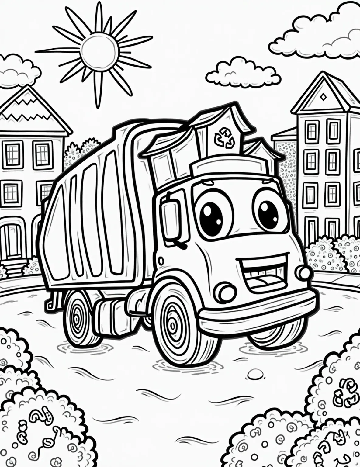 Garbage Truck Clean-Up -- prompt: "black lines only Cheerful garbage truck with a smiley face grill, collecting oversized trash bins shaped like houses. Cartoon-style neighborhood with wavy lines, bold outlines, and simple shapes. Fluffy clouds and a smiling sun overhead. Playful recycling symbols and environmental elements scattered throughout. Fun coloring book style coloring page. flat black lines, premium coloring page, coloring sheet, line drawing, Coloring Book, NO COLOR, NO SHADING, WHITE BACKGROUND. NO GRAY, BLACK AND WHITE, NO COLOR" -- Join in on the clean-up effort with this Garbage Truck Clean-Up coloring page! This essential vehicle is depicted collecting trash bins, showcasing its vital role in keeping our communities tidy. It's a great way to teach kids about waste management while having fun coloring.