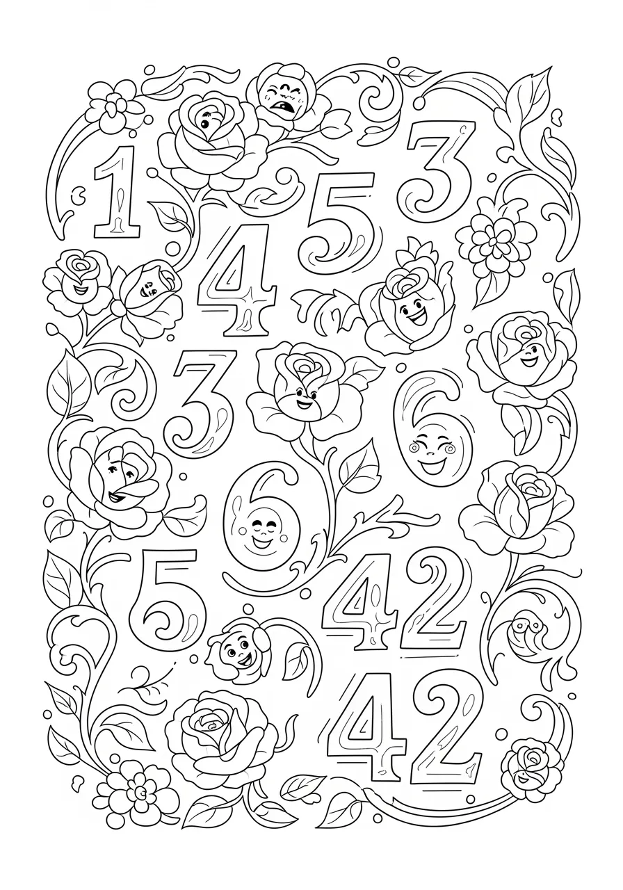 Victorian Number Ornament Pattern Coloring Page -- prompt: "black lines only Victorian ornamental coloring page featuring bold black outlines, numbers 1-42 woven through decorative scrollwork, elaborate filigree borders, blooming roses, curling vines, and flourishing botanical motifs creating engaging patterns perfect for relaxing creative expression and mindful coloring activities. flat black lines, premium coloring page, coloring sheet, line drawing, Coloring Book, NO COLOR, NO SHADING, WHITE BACKGROUND. NO GRAY, BLACK AND WHITE, NO COLOR" -- Immerse yourself in the elegance of Victorian design with this sophisticated adult coloring page featuring ornate patterns where numbers 1 to 42 are gracefully incorporated into decorative scrollwork. The intricate details include flourishes, filigree, and botanical motifs that frame each number beautifully. This page offers hours of detailed coloring meditation.
