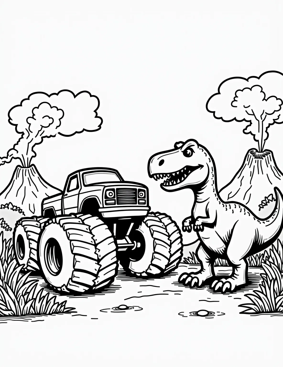 Monster Truck vs. Dinosaur -- prompt: "black lines only Coloring page: Cartoonish monster truck with oversized wheels faces fierce T-Rex. Rocky landscape dotted with volcanoes. Bold outlines perfect for coloring. Playful prehistoric plants frame scene. Truck's determined headlights meet dinosaur's comical angry eyes. Fun, action-packed standoff for creative coloring adventures. flat black lines, premium coloring page, coloring sheet, line drawing, Coloring Book, NO COLOR, NO SHADING, WHITE BACKGROUND. NO GRAY, BLACK AND WHITE, NO COLOR" -- Get ready for an epic showdown in this thrilling coloring page! A massive monster truck faces off against a fearsome dinosaur in a prehistoric meets modern battle. This action-packed scene is sure to captivate young adventurers and dinosaur lovers.