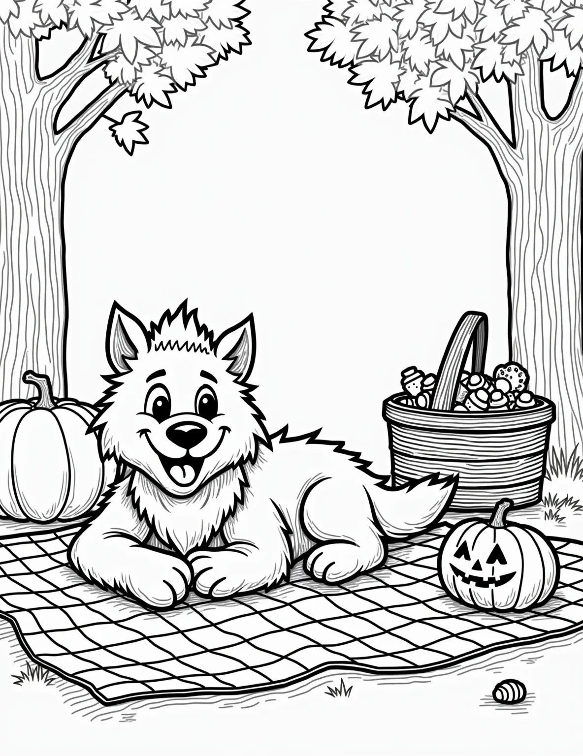 Werewolf's Autumn Picnic -- prompt: "black lines only Playful cartoon werewolf lounging on checkered blanket, autumn forest backdrop. Bold outlines frame fallen maple leaves, acorns, pumpkins. Overflowing picnic basket with candy corn, lollipops. Cheerful jack-o'-lantern nearby. Simple shapes, thick lines perfect for coloring. Cozy, whimsical scene flat black lines, premium coloring page, coloring sheet, line drawing, Coloring Book, NO COLOR, NO SHADING, WHITE BACKGROUND. NO GRAY, BLACK AND WHITE, NO COLOR" -- Experience a humorous twist on Halloween themes with this unique coloring page of a werewolf enjoying an autumn picnic. The scene shows a friendly werewolf sitting on a checkered blanket, surrounded by fall leaves and a picnic basket filled with Halloween treats. This page is great for older kids and adults who appreciate quirky Halloween concepts.