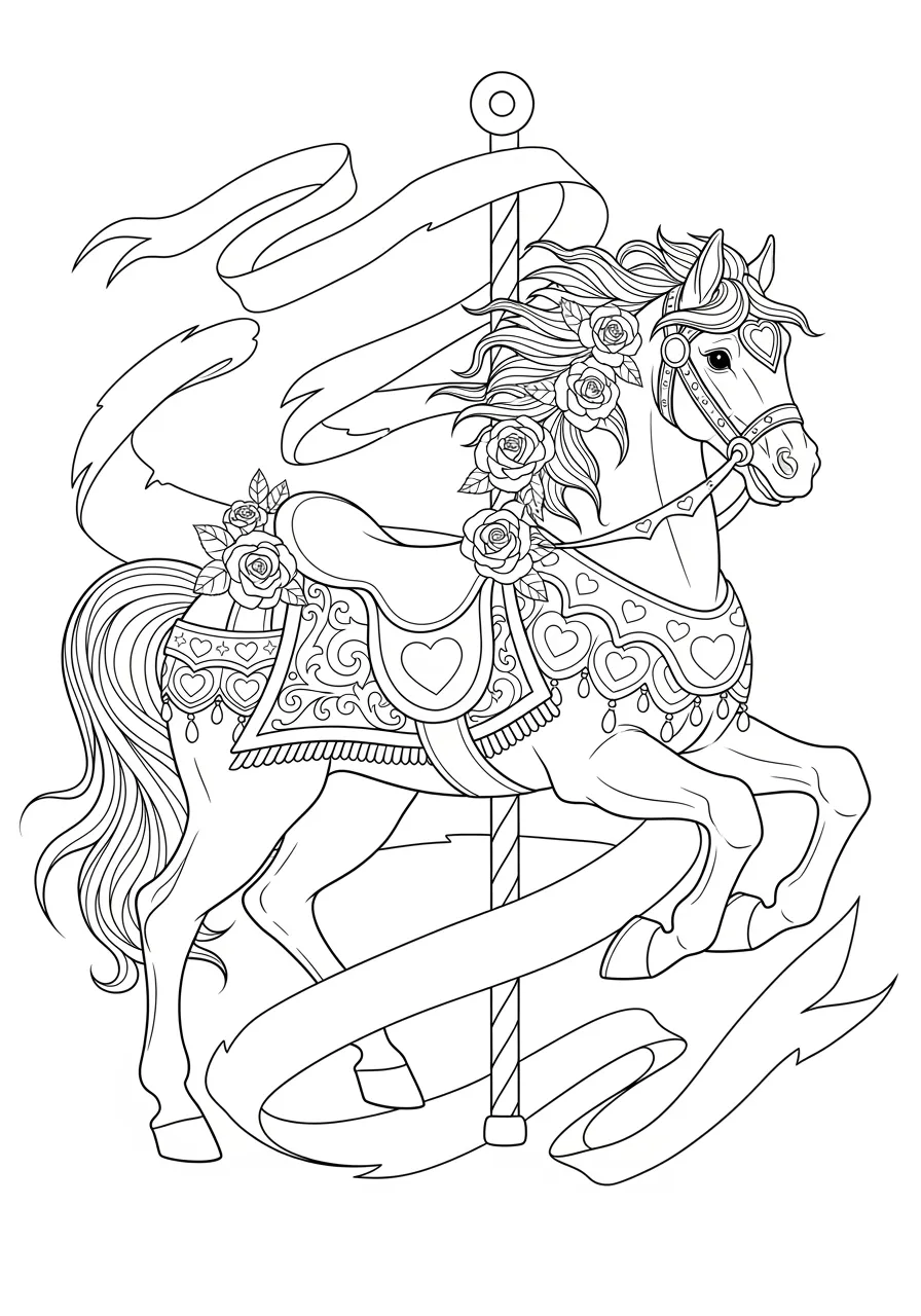 Valentine Carousel Horse Coloring Page -- prompt: "black lines only Majestic carousel horse with bold black outlines, decorative hearts scattered across saddle and bridle, flowing ribbon banners streaming behind, blooming roses nestled throughout flowing mane, fun coloring book style coloring page flat black lines, premium coloring page, coloring sheet, line drawing, Coloring Book, NO COLOR, NO SHADING, WHITE BACKGROUND. NO GRAY, BLACK AND WHITE, NO COLOR" -- An ornately decorated carousel horse prances with heart-shaped decorations adorning its saddle and bridle. Flowing ribbons and roses intertwine through the horse's elaborate mane, while a heart-topped carousel pole rises majestically behind. This whimsical design captures the joy and romance of vintage carnival magic.