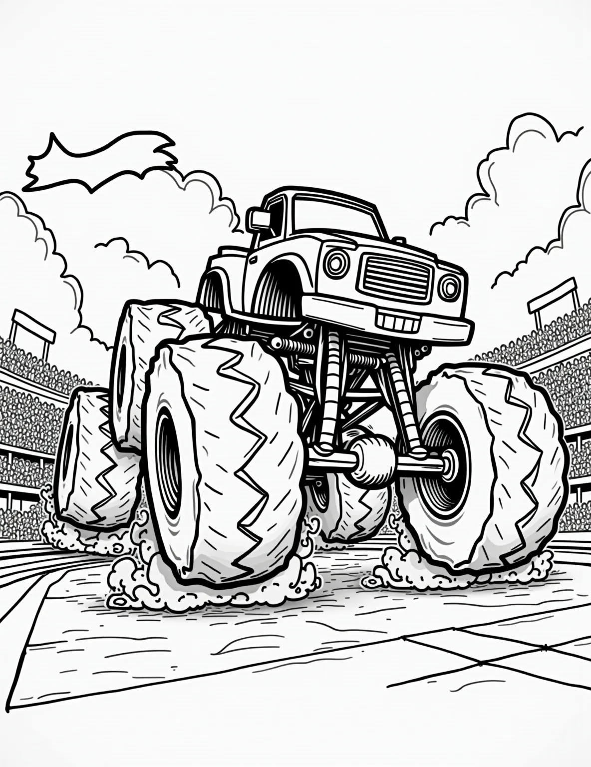 Monster Truck Rally -- prompt: "black lines only Oversized cartoon monster trucks with exaggerated features leap through the air, leaving dotted trail lines. Simplified crowd outlines cheer with speech bubbles. Bold, thick outlines define each element. Empty spaces await vibrant colors. Stadium backdrop sketched with basic geometric shapes. flat black lines, premium coloring page, coloring sheet, line drawing, Coloring Book, NO COLOR, NO SHADING, WHITE BACKGROUND. NO GRAY, BLACK AND WHITE, NO COLOR" -- Feel the excitement with this Monster Truck Rally coloring page! This action-packed scene features multiple monster trucks performing stunts in a stadium filled with cheering fans. It's perfect for those who love the thrill of motorsports and larger-than-life vehicles.