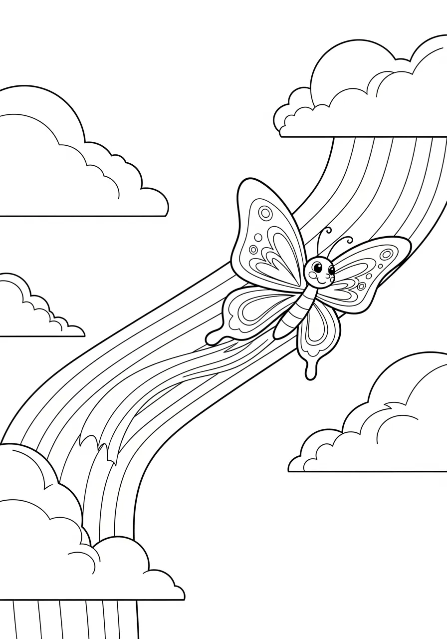 Rainbow Butterfly's Sky Adventure Coloring Page -- prompt: "black lines only Smiling cartoon butterfly with bold wing patterns soars between puffy cloud shapes, leaving curved rainbow streaks across open sky, thick black outlines define all elements, simple geometric forms perfect for children's coloring activities, joyful expression radiates happiness flat black lines, premium coloring page, coloring sheet, line drawing, Coloring Book, NO COLOR, NO SHADING, WHITE BACKGROUND. NO GRAY, BLACK AND WHITE, NO COLOR" -- Watch this magical butterfly soar through a sky filled with puffy clouds and rainbow streams in this uplifting children's coloring page. The simple, bold outlines make it perfect for younger artists while the joyful theme promotes positive emotions and creative expression. Kids will have a blast choosing vibrant colors to fill the rainbow trails and imagining their own sky-high butterfly adventures.