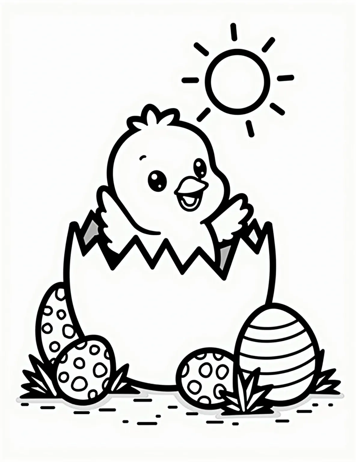 Easter Chick's First Adventure -- prompt: "black lines only Adorable Easter chick emerging from cracked eggshell, bold outlines perfect for coloring. Surrounding grass, polka-dot eggs, and smiling ladybugs await vibrant hues. Chunky sun beams down from corner. Thick borders define each element, inviting creative coloring within simple, charming shapes. flat black lines, premium coloring page, coloring sheet, line drawing, Coloring Book, NO COLOR, NO SHADING, WHITE BACKGROUND. NO GRAY, BLACK AND WHITE, NO COLOR" -- This adorable coloring page features a newly hatched Easter chick embarking on its first adventure. The fluffy chick is shown stepping out of its cracked eggshell, surrounded by Easter grass, colorful eggs, and curious spring insects. A warm sun smiles down from the corner, welcoming the chick to the world.