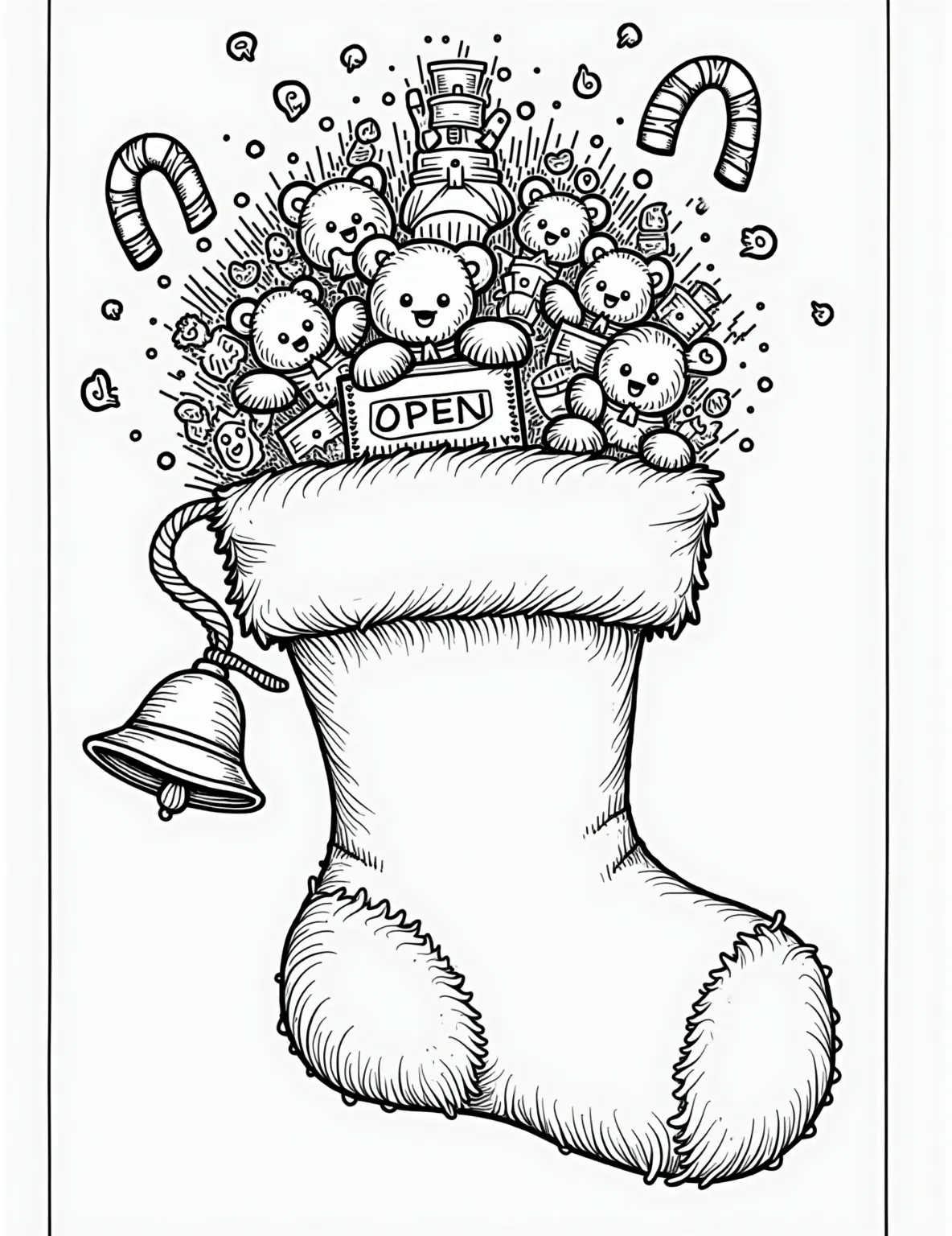 Toy Shop Stocking Coloring Page -- prompt: "black lines only Oversized Christmas stocking transformed into a charming toy shop. Bold outlines showcase shelves brimming with dolls, trains, and teddy bears. Candy cane-striped border frames the scene. 'Open' sign hangs from a jingle bell. Perfect for festive coloring fun. flat black lines, premium coloring page, coloring sheet, line drawing, Coloring Book, NO COLOR, NO SHADING, WHITE BACKGROUND. NO GRAY, BLACK AND WHITE, NO COLOR" -- This playful coloring page features a stocking designed like a toy shop. The stocking is divided into 'shelves' filled with various toys such as teddy bears, dolls, trains, and building blocks. A 'Open' sign hangs at the top of the stocking.