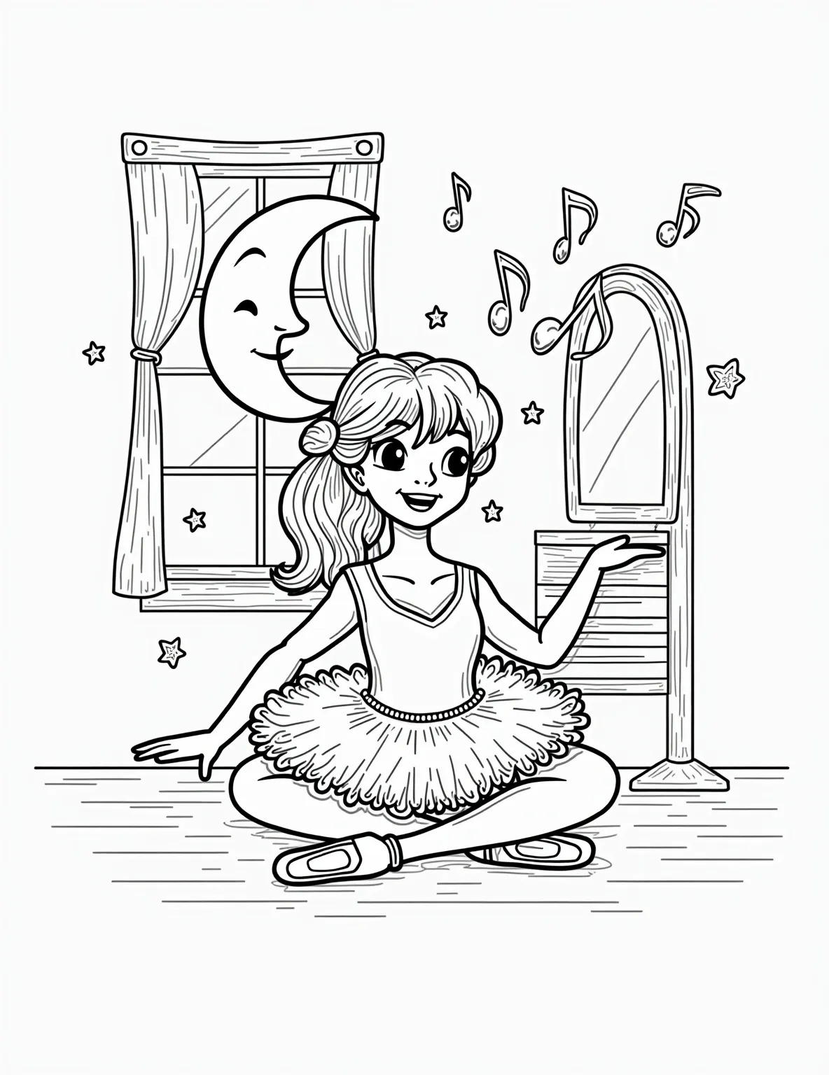 Ballerina Tying Her Pointe Shoes Coloring Page -- prompt: "black lines only Graceful ballerina in practice skirt, seated on studio floor. Bold outlines frame her figure. Ribbons of pointe shoes intertwine in playful patterns. Hair in simple bun. Mirror reflects her focused expression. Barre and music notes float nearby. Coloring book style with clean, inviting lines. flat black lines, premium coloring page, coloring sheet, line drawing, Coloring Book, NO COLOR, NO SHADING, WHITE BACKGROUND. NO GRAY, BLACK AND WHITE, NO COLOR" -- This intimate coloring page shows a ballerina preparing for practice or performance. She's seated, carefully tying the ribbons of her pointe shoes. The detail in her expression and the folds of her practice skirt make this a delightful page for those who love intricate coloring.