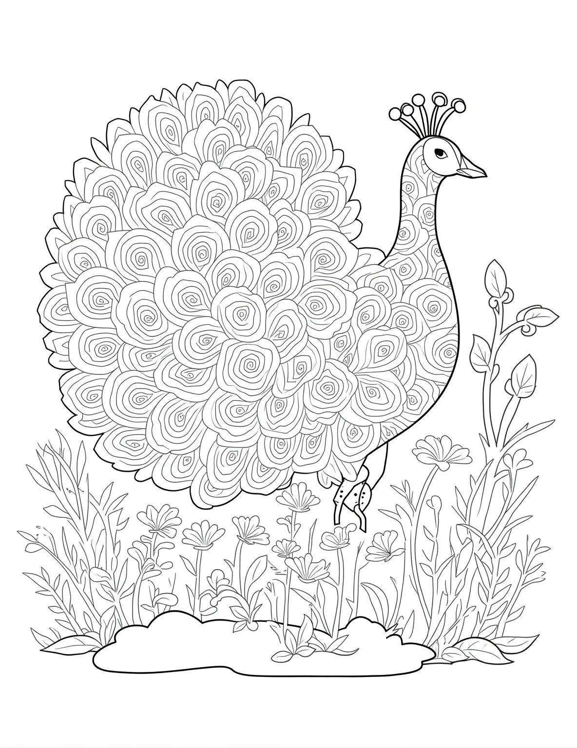 Magnificent Peacock Display Coloring Page -- prompt: "black lines only Majestic peacock outline with exaggerated, swirling tail feathers filling the page. Garden elements surround: stylized flowers, leaves, and vines. Bold, simple shapes perfect for coloring. Ornate patterns within feathers and flora invite creative expression. Joyful, relaxing scene for all ages. flat black lines, premium coloring page, coloring sheet, line drawing, Coloring Book, NO COLOR, NO SHADING, WHITE BACKGROUND. NO GRAY, BLACK AND WHITE, NO COLOR" -- This stunning coloring page showcases a peacock with its tail feathers fully displayed. The intricate patterns of the feathers offer a challenging and rewarding coloring experience. Use this page to discuss bird courtship behaviors and the role of color in nature.