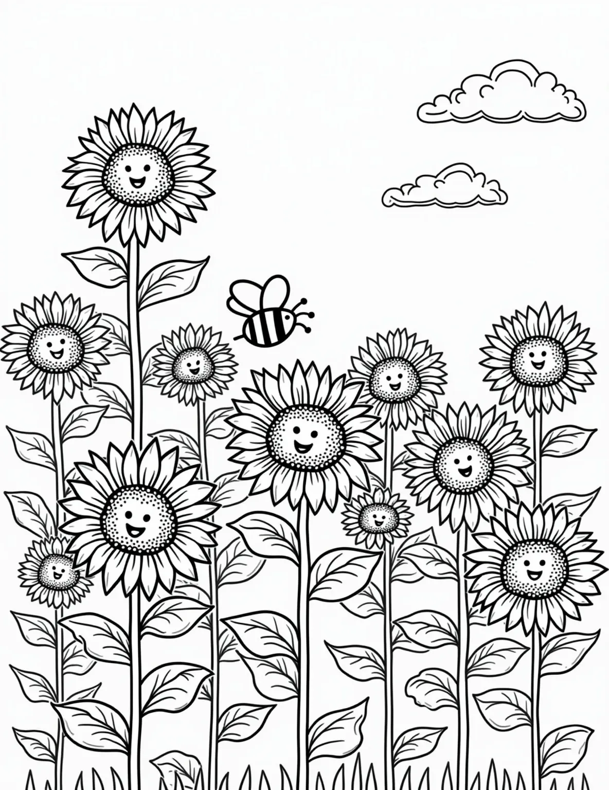 Majestic Sunflower Field -- prompt: "black lines only Cheerful sunflower field with bold outlines. Giant petals and smiling faces, thick stems reaching skyward. Cartoon bees with striped bodies and tiny wings buzz playfully. Simple shapes, clean lines. Perfect for coloring, each element distinct and inviting. Joyful summer scene flat black lines, premium coloring page, coloring sheet, line drawing, Coloring Book, NO COLOR, NO SHADING, WHITE BACKGROUND. NO GRAY, BLACK AND WHITE, NO COLOR" -- Bask in the warmth of a sunny day with this vibrant sunflower field coloring page. Tall, proud sunflowers stretch towards the sky, their large faces turned towards an imaginary sun. This page offers a great opportunity to play with shades of yellow and green, bringing the cheerful energy of sunflowers to life on paper.