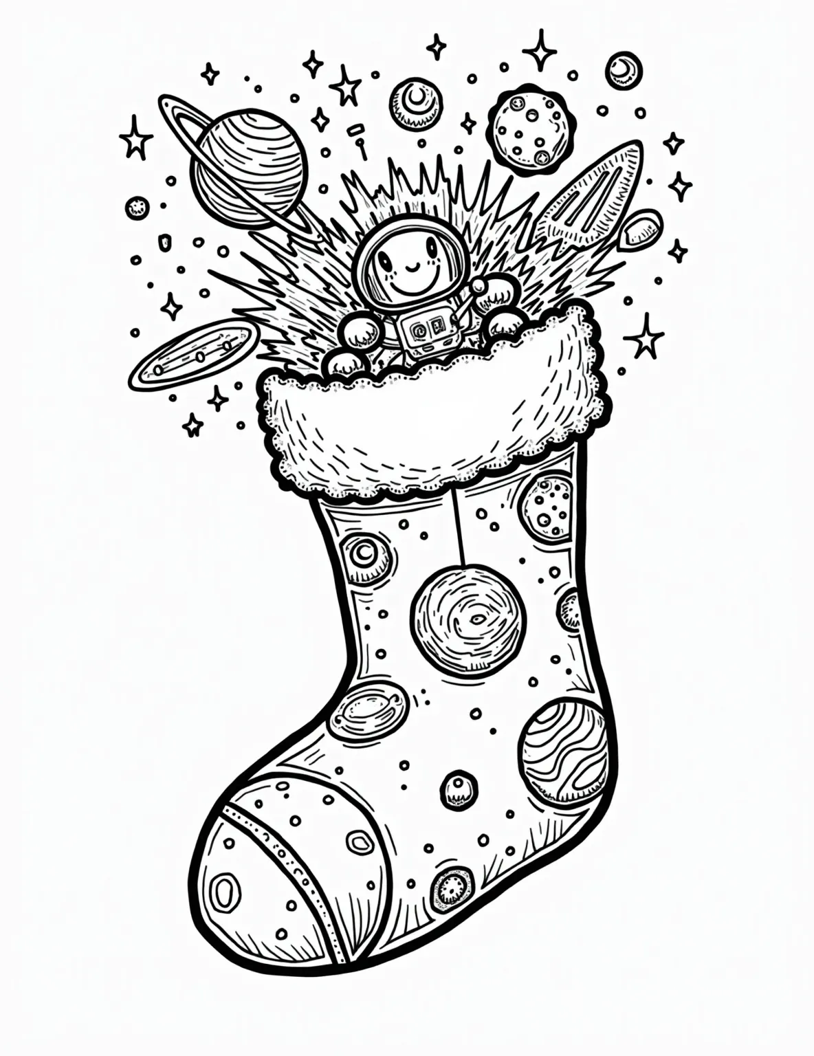 Space Explorer Stocking Coloring Page -- prompt: "black lines only Chunky outlined Christmas stocking bursting with cosmic wonders. Bold planets, twinkling stars, and a soaring rocket ship dance across the fabric. A floating astronaut waves cheerfully, while playful alien faces peek from the fluffy cuff. Perfect for coloring enthusiasts of all ages. flat black lines, premium coloring page, coloring sheet, line drawing, Coloring Book, NO COLOR, NO SHADING, WHITE BACKGROUND. NO GRAY, BLACK AND WHITE, NO COLOR" -- This out-of-this-world coloring page displays a stocking designed for a space adventurer. The stocking features planets, stars, and a rocket ship. An astronaut floats at the top, while the cuff is decorated with alien faces.