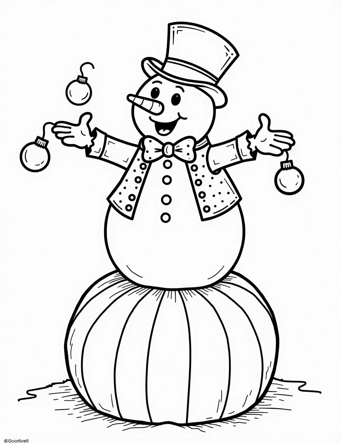 Snowman Circus Performer Coloring Page -- prompt: "black lines only Circus snowman with top hat, carrot nose, and coal buttons juggles snowballs atop giant striped ball. Wearing polka-dot bowtie and star-spangled vest inside big-top tent. Bold outlines, simple shapes, thick black borders. Playful scene ready for coloring. flat black lines, premium coloring page, coloring sheet, line drawing, Coloring Book, NO COLOR, NO SHADING, WHITE BACKGROUND. NO GRAY, BLACK AND WHITE, NO COLOR" -- Step right up to the greatest snow on Earth! This entertaining coloring page features a snowman circus performer juggling snowballs under a big top tent. With a colorful costume and a mischievous grin, this frosty entertainer is sure to delight.