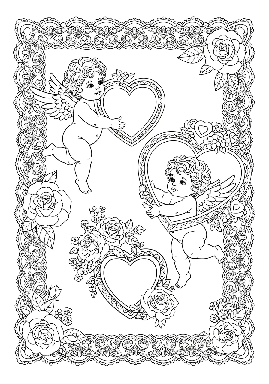 Victorian Valentine Lace Coloring Page -- prompt: "black lines only Fun coloring book page featuring Victorian lace borders surrounding playful cherubs holding ornate heart-shaped frames, delicate roses and forget-me-nots scattered throughout, thick black outlines, simple shapes perfect for crayons, romantic valentine atmosphere flat black lines, premium coloring page, coloring sheet, line drawing, Coloring Book, NO COLOR, NO SHADING, WHITE BACKGROUND. NO GRAY, BLACK AND WHITE, NO COLOR" -- This intricate adult coloring page features elaborate Victorian-style lace patterns adorned with vintage valentine motifs including cherubs, ornate hearts, and delicate flowers. The complex lacework provides a challenging and rewarding coloring experience for those who enjoy detailed artwork. The vintage aesthetic brings a touch of historical romance to modern coloring enthusiasts.