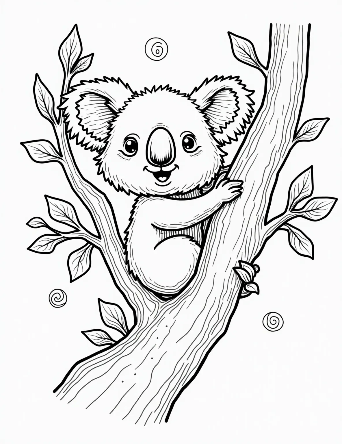 Sleepy Koala in Eucalyptus Tree Coloring Page -- prompt: "black lines only Cheerful koala embracing eucalyptus branch, surrounded by gum leaves. Bold outlines define cuddly fur, expressive eyes, and tree textures. Playful patterns adorn leaves and background. Simple yet charming design perfect for coloring enthusiasts of all ages. Radiates Australian wildlife joy. flat black lines, premium coloring page, coloring sheet, line drawing, Coloring Book, NO COLOR, NO SHADING, WHITE BACKGROUND. NO GRAY, BLACK AND WHITE, NO COLOR" -- Relax with this adorable koala coloring page. The peaceful marsupial nestled in a eucalyptus tree captures the laid-back nature of these Australian icons. Ideal for those who love cute and calm animal scenes.