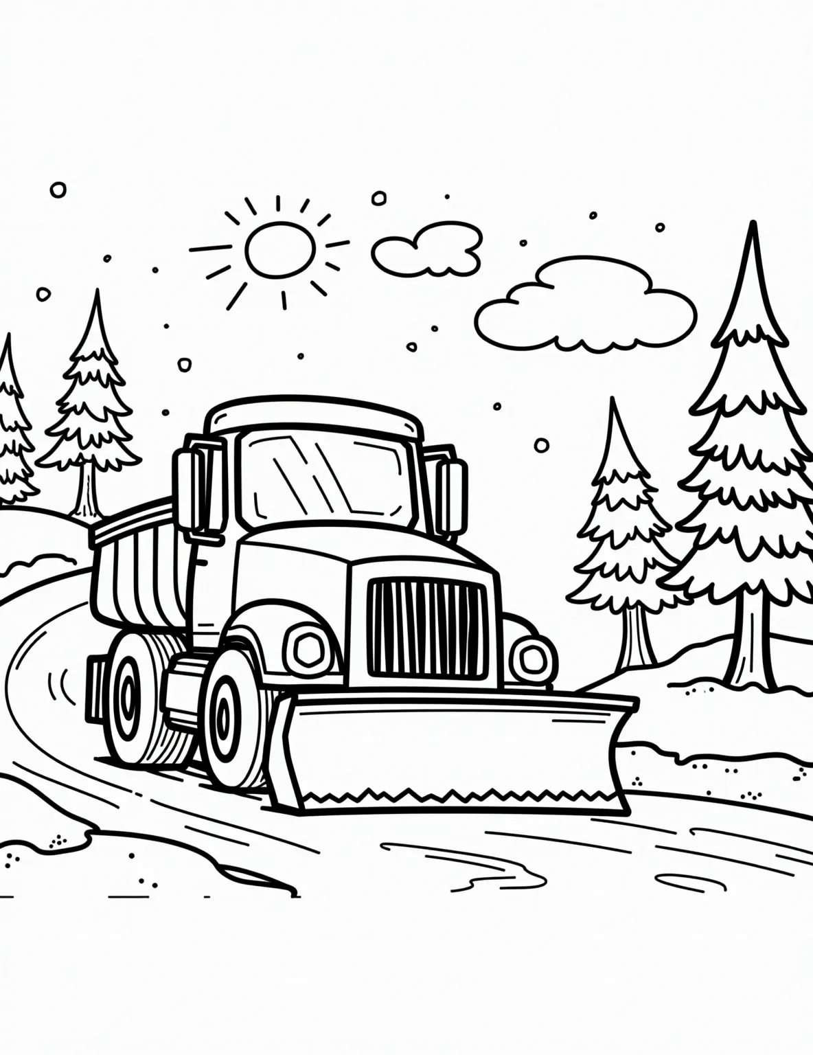 Snowplow in Action -- prompt: "black lines only Chunky outlined snowplow truck with smiley face grille, clearing swirling snowflakes from a curvy road. Stylized pine trees with bold zigzag patterns line the street. Cheerful sun peeks through clouds, creating a playful winter wonderland scene perfect for coloring. Simple shapes and flat black lines, premium coloring page, coloring sheet, line drawing, Coloring Book, NO COLOR, NO SHADING, WHITE BACKGROUND. NO GRAY, BLACK AND WHITE, NO COLOR" -- Clear the way for winter fun with this Snowplow in Action coloring page! This essential vehicle is shown pushing snow off a road during a heavy snowfall. It's ideal for those who appreciate the hard work that goes into keeping our roads safe during winter.