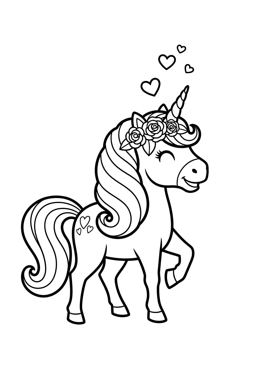 Valentine Unicorn with Rose Crown Coloring Page -- prompt: "black lines only Majestic unicorn with flowing wavy mane wearing delicate rose crown, cheerful hearts floating magically around spiral horn, bold black outlines, simple clean shapes, empty white spaces ready for coloring, joyful cartoon style illustration flat black lines, premium coloring page, coloring sheet, line drawing, Coloring Book, NO COLOR, NO SHADING, WHITE BACKGROUND. NO GRAY, BLACK AND WHITE, NO COLOR" -- A majestic unicorn wears a crown of roses while hearts float magically around its spiraled horn. The unicorn's flowing mane cascades with intricate curves and waves, perfect for gradient coloring techniques. This magical creature embodies both fantasy and romance, appealing to unicorn lovers and Valentine's Day enthusiasts alike.