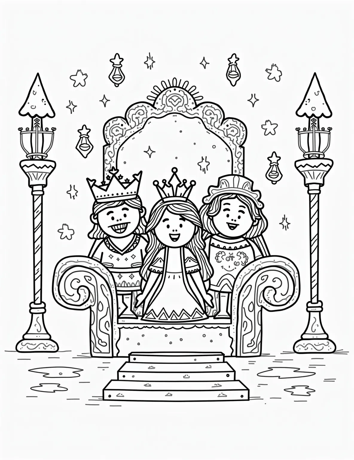 Gingerbread Royal Family in the Castle Coloring Page -- prompt: "black lines only Gingerbread royal family in castle throne room. Bold outlines define king's crown, queen's scepter, prince's cape, princess's tiara. Candy cane columns, peppermint floor tiles, gumdrop chandeliers. Frosting-outlined windows reveal starry night. Playful decorations with simple shapes for easy coloring. flat black lines, premium coloring page, coloring sheet, line drawing, Coloring Book, NO COLOR, NO SHADING, WHITE BACKGROUND. NO GRAY, BLACK AND WHITE, NO COLOR" -- This regal coloring page features a gingerbread royal family in their castle. The scene includes a king, queen, prince, and princess, along with throne room decorations. It's a page that combines fairy tale elements with the gingerbread theme for a truly magical experience.