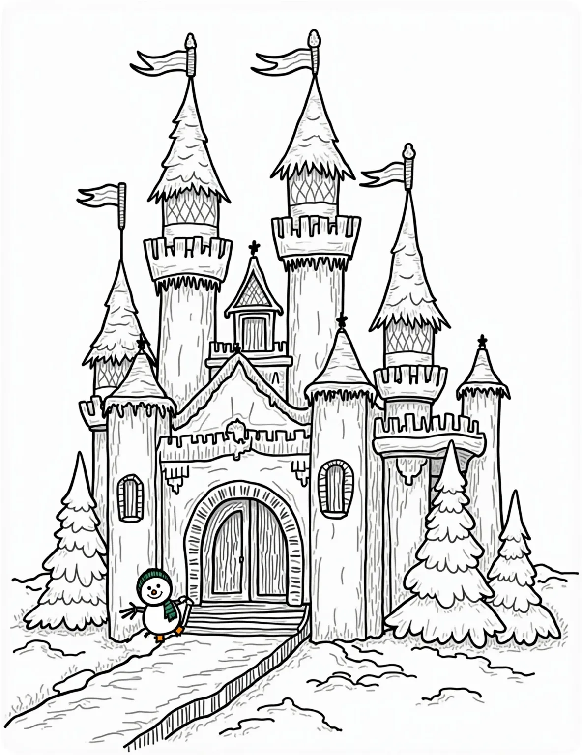 Snowman Fairy Tale Castle Coloring Page -- prompt: "black lines only Enchanting coloring page: Snow castle with turrets and arches. Smiling snowman guards flank ornate entrance. Delicate icicle patterns adorn towers. Swirling snowflakes dance around spires. Hidden igloos nestle in corners. Playful penguins slide down icy drawbridge. Frosty flags flutter atop flat black lines, premium coloring page, coloring sheet, line drawing, Coloring Book, NO COLOR, NO SHADING, WHITE BACKGROUND. NO GRAY, BLACK AND WHITE, NO COLOR" -- Once upon a time, in a winter wonderland far away... This enchanting coloring page features a majestic snow castle with snowman royal guards. It's a magical scene that combines the charm of fairy tales with the wonder of winter.