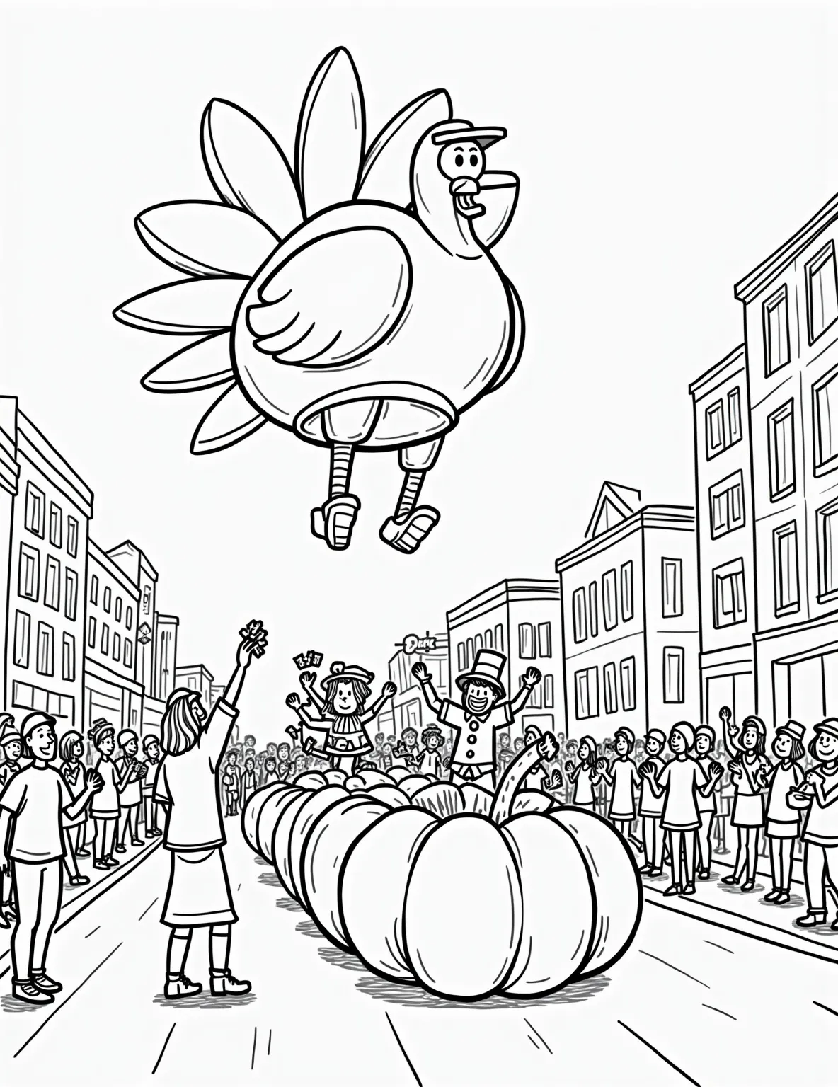 Thanksgiving Day Parade Coloring Page -- prompt: "black lines only Thanksgiving parade coloring page: bold outlines of giant cartoon turkey balloon, smiling pumpkin float, cheerful pilgrims tossing candy. Marching band with oversized instruments, confetti-filled air. Excited spectators wave flags, hold signs. Simple patterns on clothing, buildings for easy coloring. Fun, festive atmosphere. flat black lines, premium coloring page, coloring sheet, line drawing, Coloring Book, NO COLOR, NO SHADING, WHITE BACKGROUND. NO GRAY, BLACK AND WHITE, NO COLOR" -- Bring the excitement of a Thanksgiving parade to life with this dynamic coloring page. The scene is filled with giant character balloons, marching bands, and excited spectators lining the streets. This page offers plenty of details to color and can inspire discussions about famous Thanksgiving parades and holiday traditions.