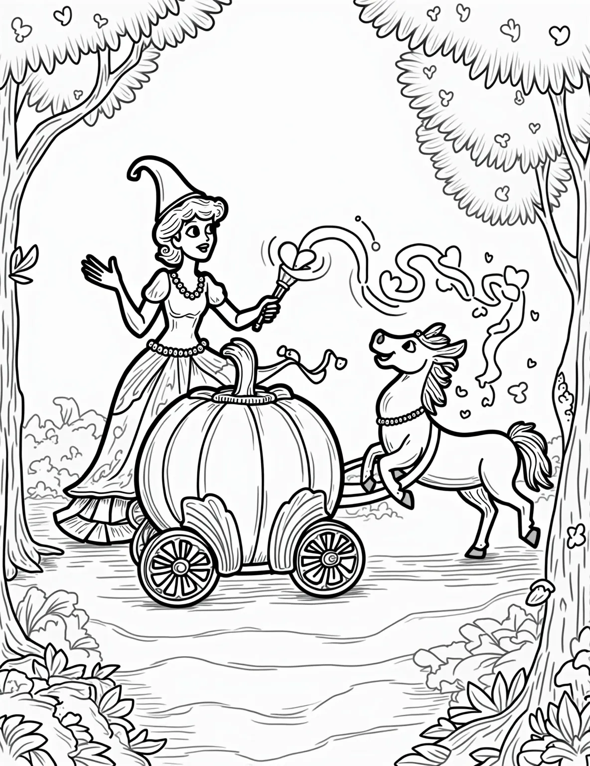 Cinderella's Pumpkin Carriage -- prompt: "black lines only Fairy Godmother's wand sparkles, transforming pumpkin into ornate carriage. Mice morph into majestic horses. Bold outlines define magical scene. Swirling patterns adorn carriage. Cinderella watches in awe. Leaves and vines frame image. Empty spaces await vibrant colors. Enchanted forest background. flat black lines, premium coloring page, coloring sheet, line drawing, Coloring Book, NO COLOR, NO SHADING, WHITE BACKGROUND. NO GRAY, BLACK AND WHITE, NO COLOR" -- Witness the magic of transformation in this enchanting coloring page. Cinderella's pumpkin is shown mid-change into an elegant carriage, with the Fairy Godmother waving her wand. Mice-turned-horses prance nearby, ready to whisk Cinderella off to the ball.