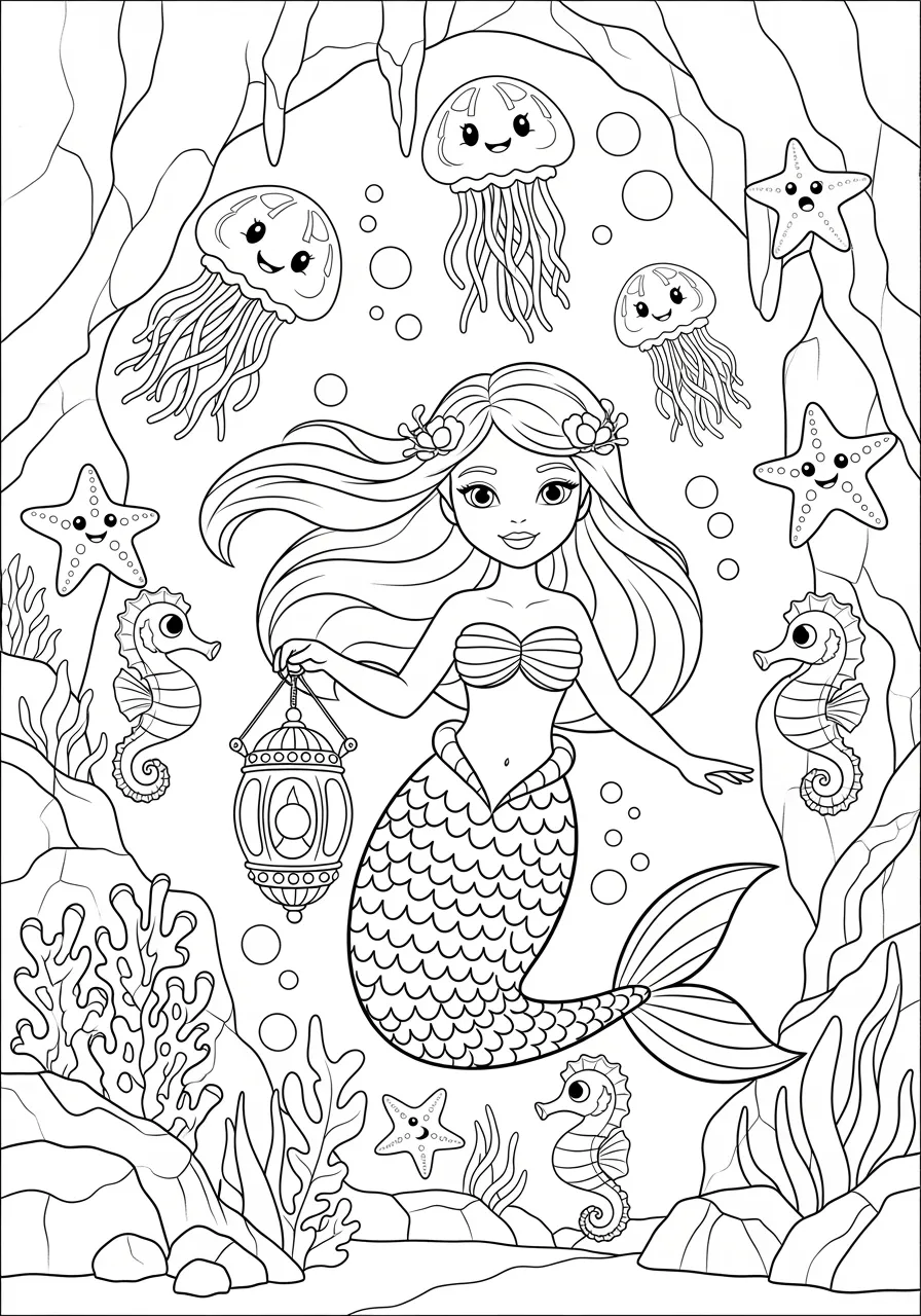 Mermaid's Deep Sea Adventure Coloring Page -- prompt: "black lines only Cheerful mermaid holding ornate pearl lantern swimming through underwater cavern, surrounded by smiling jellyfish, starfish, and seahorses with bold outlines, simple shapes, large friendly eyes, thick black lines perfect for children's coloring book page flat black lines, premium coloring page, coloring sheet, line drawing, Coloring Book, NO COLOR, NO SHADING, WHITE BACKGROUND. NO GRAY, BLACK AND WHITE, NO COLOR" -- Equipped with a glowing pearl lantern, a brave mermaid explores the mysterious deep sea where unusual creatures live. Bioluminescent fish and strange deep-sea plants create an otherworldly atmosphere. The contrast between light and dark areas provides excellent practice for shading techniques.