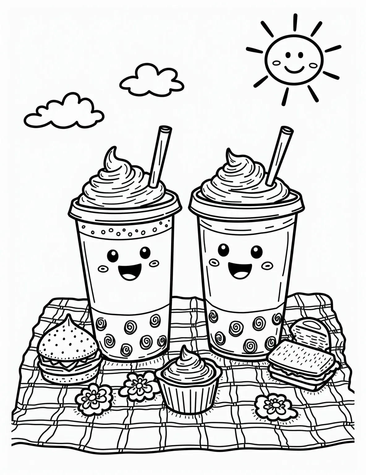 Kawaii Boba Tea Party Picnic Coloring Page -- prompt: "black lines only Cheerful boba tea cup characters with expressive faces gather on a gingham blanket. Miniature sandwiches, cupcakes, and daisies surround them. Bold outlines define each element, creating a playful coloring book page. Fluffy clouds and a smiling sun complete the scene. flat black lines, premium coloring page, coloring sheet, line drawing, Coloring Book, NO COLOR, NO SHADING, WHITE BACKGROUND. NO GRAY, BLACK AND WHITE, NO COLOR" -- This adorable scene features a group of smiling boba cups having a picnic in a sunny park. Each cup has a unique expression and is decorated with cute accessories like bows and sunglasses. The background includes a checkered picnic blanket, tiny sandwiches, and colorful flowers, creating a delightful and whimsical atmosphere.