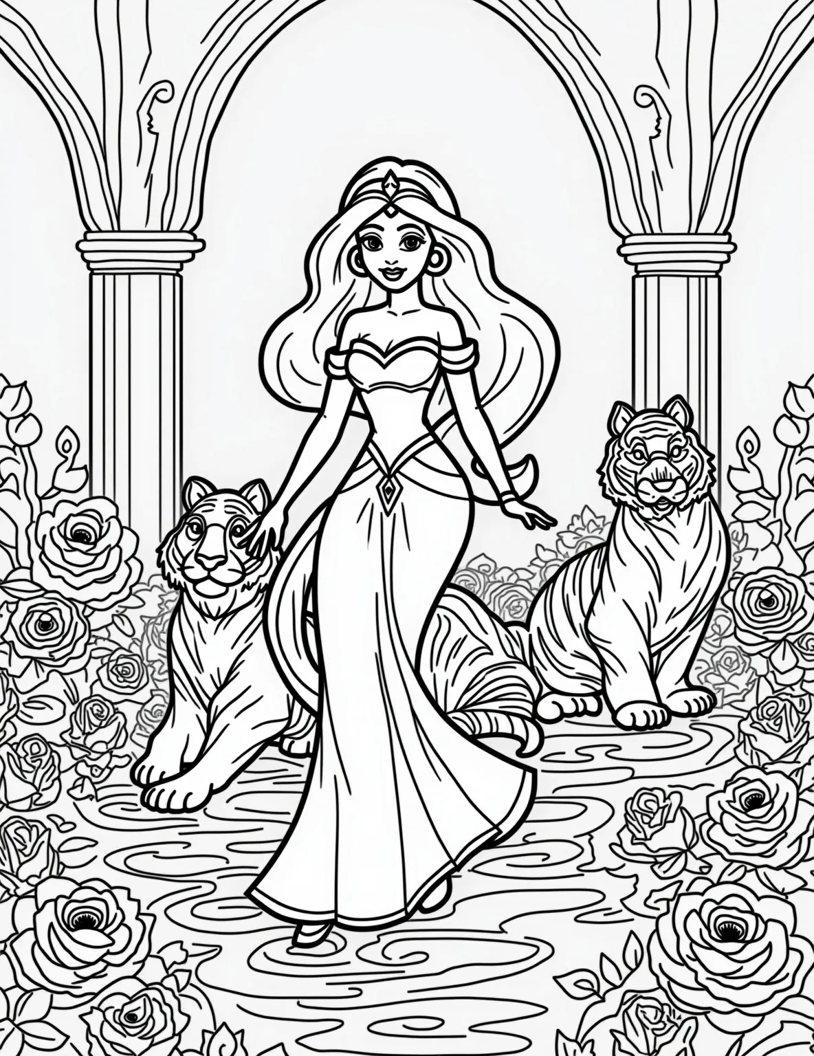 Jasmine's Royal Garden -- prompt: "black lines only Jasmine, a princess with flowing hair, tends to vibrant lotus flowers in a palace garden. Raja, a majestic tiger with bold stripes, lounges nearby. Ornate archways frame the scene. Butterflies flutter between blooming roses. Peacocks strut proudly. Coloring book style with thick outlines flat black lines, premium coloring page, coloring sheet, line drawing, Coloring Book, NO COLOR, NO SHADING, WHITE BACKGROUND. NO GRAY, BLACK AND WHITE, NO COLOR" -- Step into the lush world of Agrabah with this serene coloring page of Jasmine. Our free-spirited princess is shown tending to exotic flowers in the palace gardens, with Raja lounging nearby. A grand fountain and ornate architecture in the background complete this opulent scene.