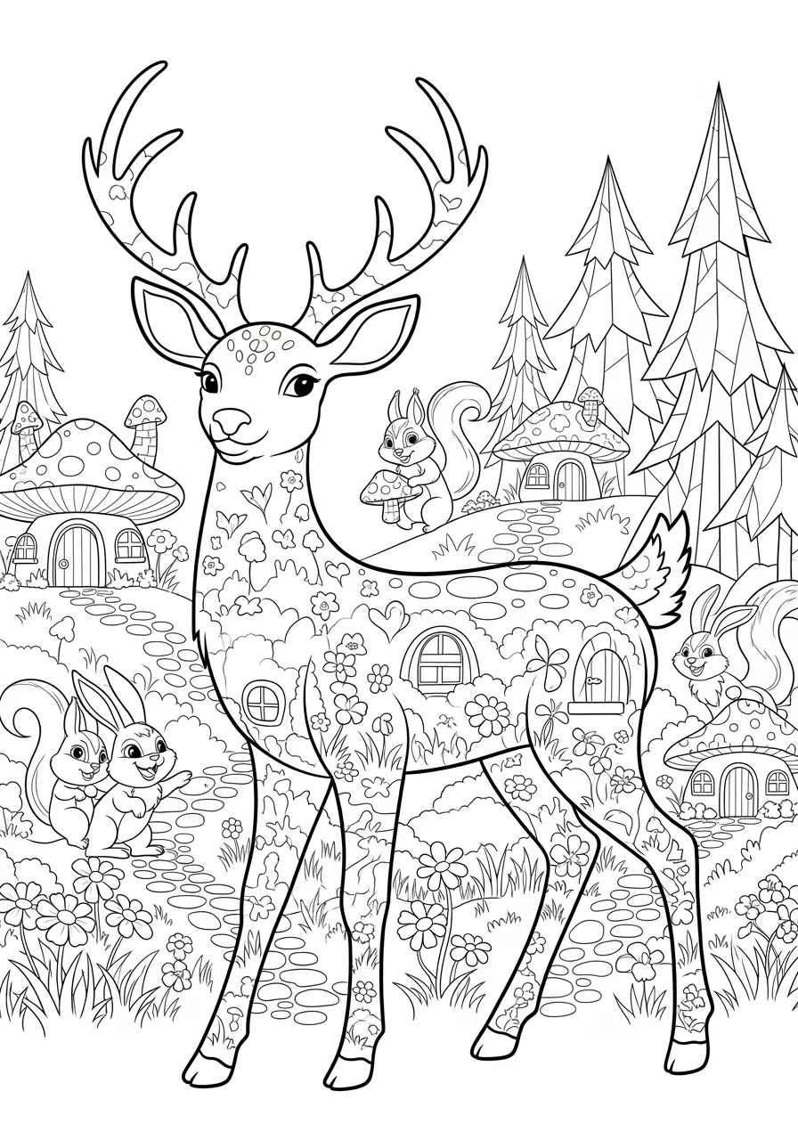 Elegant Deer Forest Silhouette Coloring Page -- prompt: "black lines only Playful deer silhouette outline filled with cheerful forest scenes, smiling woodland creatures, mushroom houses, winding paths, blooming flowers, and geometric tree patterns perfect for children's coloring book pages with bold black lines flat black lines, premium coloring page, coloring sheet, line drawing, Coloring Book, NO COLOR, NO SHADING, WHITE BACKGROUND. NO GRAY, BLACK AND WHITE, NO COLOR" -- This artistic adult coloring page features the silhouette of a graceful deer filled with intricate forest scenes, trees, and nature patterns. The deer's antlers branch into detailed tree limbs while its body contains miniature landscapes and wildlife motifs. This sophisticated design offers a unique double-exposure effect that challenges advanced colorists.